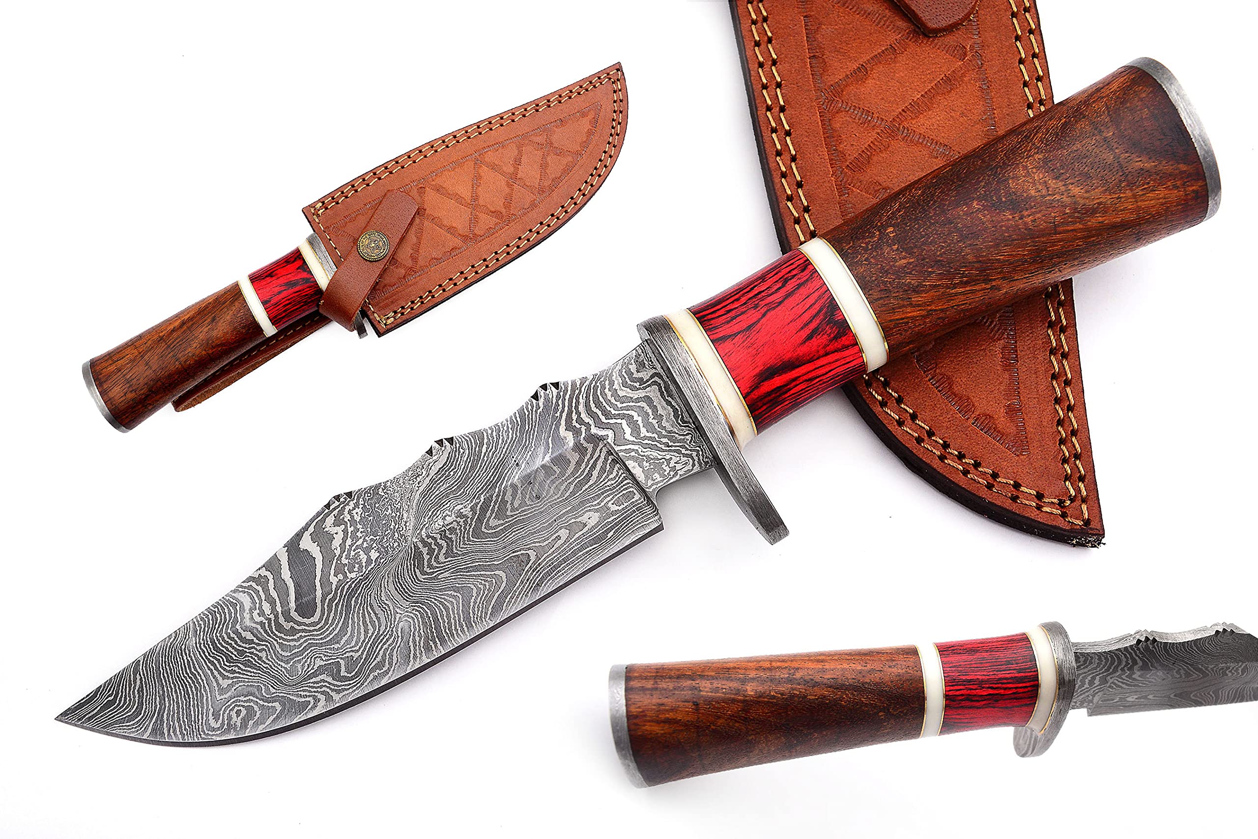 Handmade Damascus Steel Bowie Knife with Leather Sheath - Fixed Blade Hunting Knife for Outdoor Camping, Survival & Bushcraft - Perfect Gift for Men & Adventurers