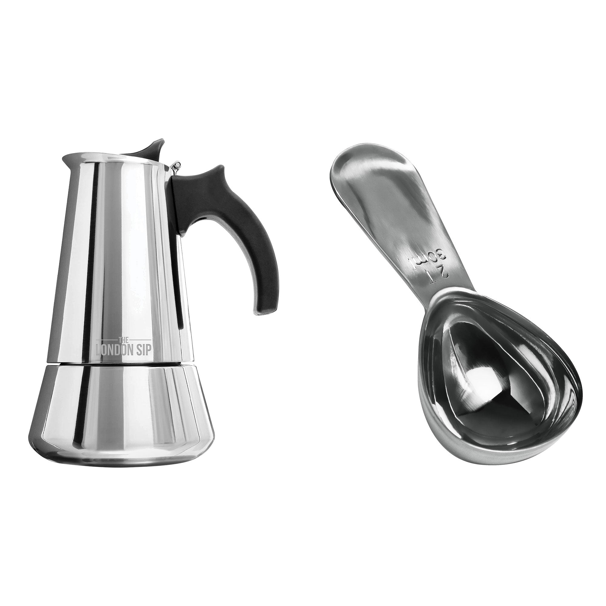 Premium Espresso Maker & Coffee Spoon Set - 10 Cup Capacity, Stainless Steel (EM10S, CS230) - Perfect for Home Baristas & Coffee Lovers