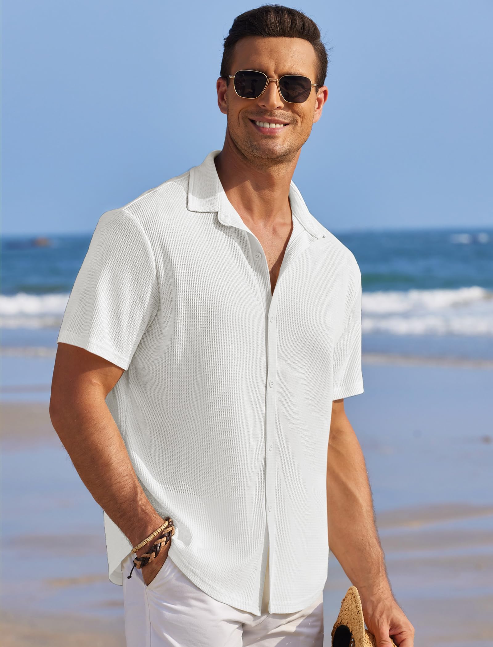 COOFANDY Men's Casual Short Sleeve Waffle Knit Button Down Shirt - Breathable Wrinkle-Free Summer Shirt for Beach, Vacation & Outdoor Activities