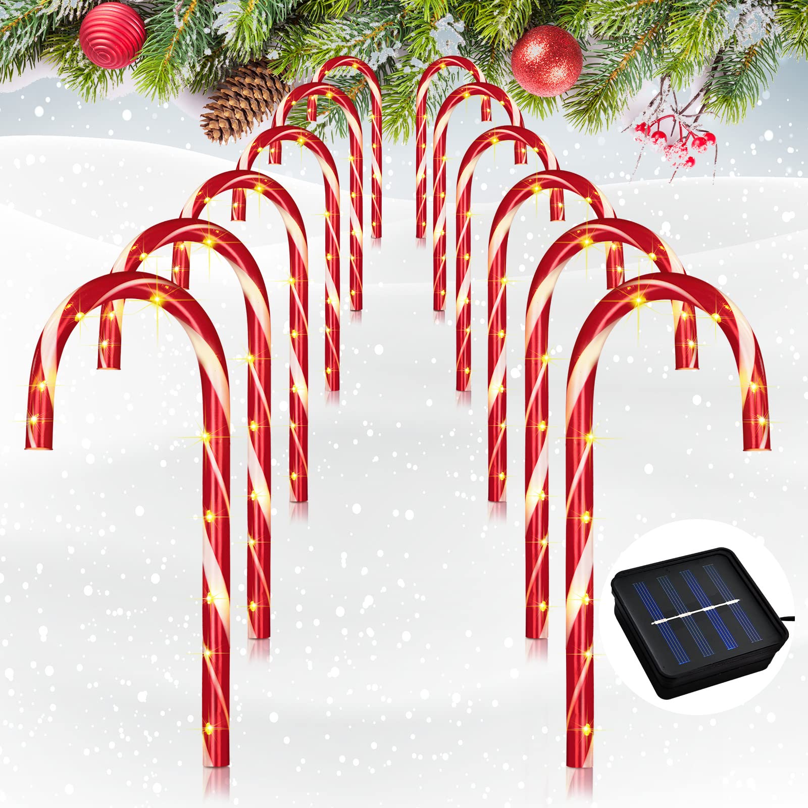 12-Pack 17-Inch Solar Candy Cane Pathway Lights - Waterproof Outdoor Christmas Decorations for Garden, Lawn, Xmas Party & Wedding - Solar Powered Landscape Spotlights for Holiday Festivals (Daylight Charging, Auto On/Off)