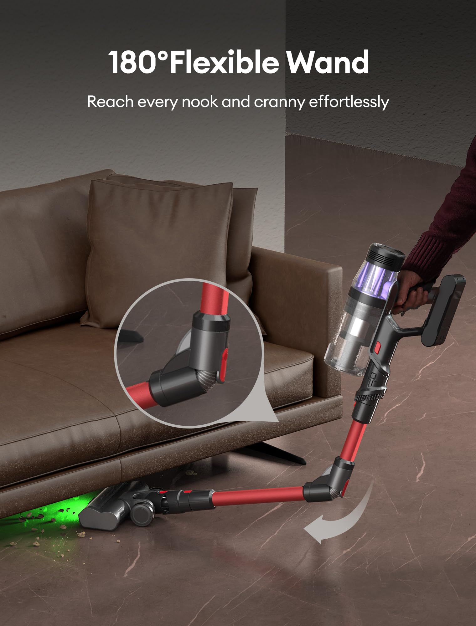 Ultenic U16 Flex Cordless Stick Vacuum Cleaner - 550W/50Kpa Powerful Suction, 60 Min Runtime, 180° Bendable Wand, Anti-Tangle Brush - Lightweight Handheld Vacuum for Pet Hair, Carpet, Hard Floors & Car Cleaning - Perfect for Home, Office & Auto Detailing