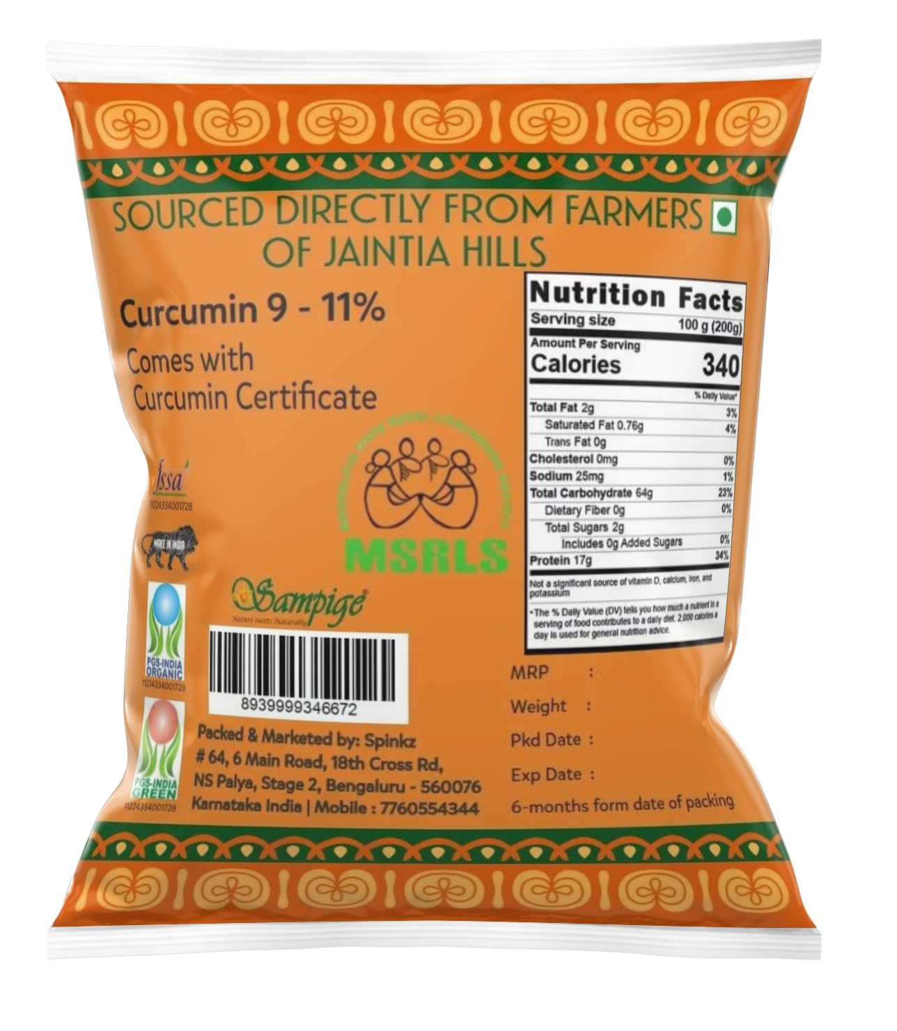 Organic Lakadong Turmeric Powder 250g - 9-12% High Curcumin, Sourced from Jaintia Hills Meghalaya | USDA Certified | For Cooking, Golden Milk & Skincare