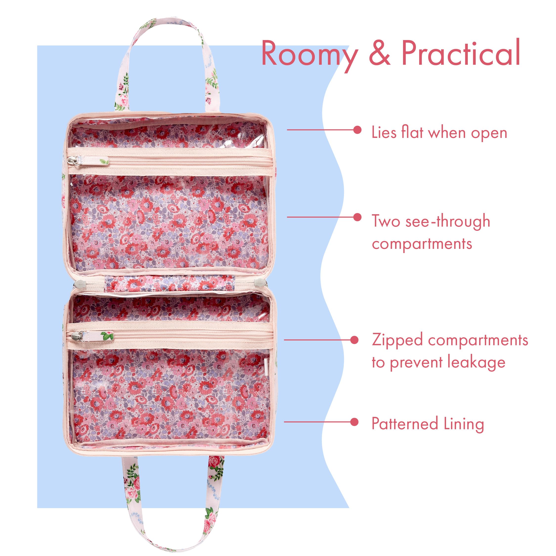 Cath Kidston Flutter Rose Two-Part Travel Wash Bag with Handles | Vegan-Friendly Toiletry & Cosmetic Organizer | Perfect for Women's Beauty Gifts, Weekend Getaways & Airplane Carry-On Essentials