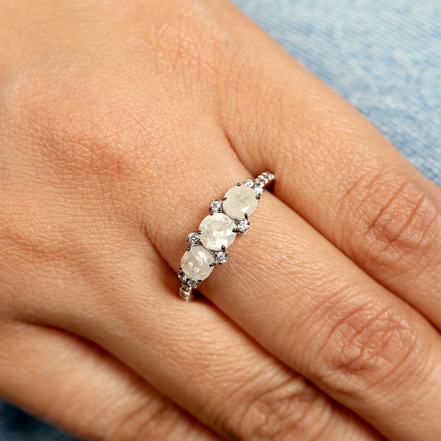 18K White Gold Handmade Ice Diamond Three Stone Ring – Elegant Engagement, Wedding, or Anniversary Jewelry Gift for Her