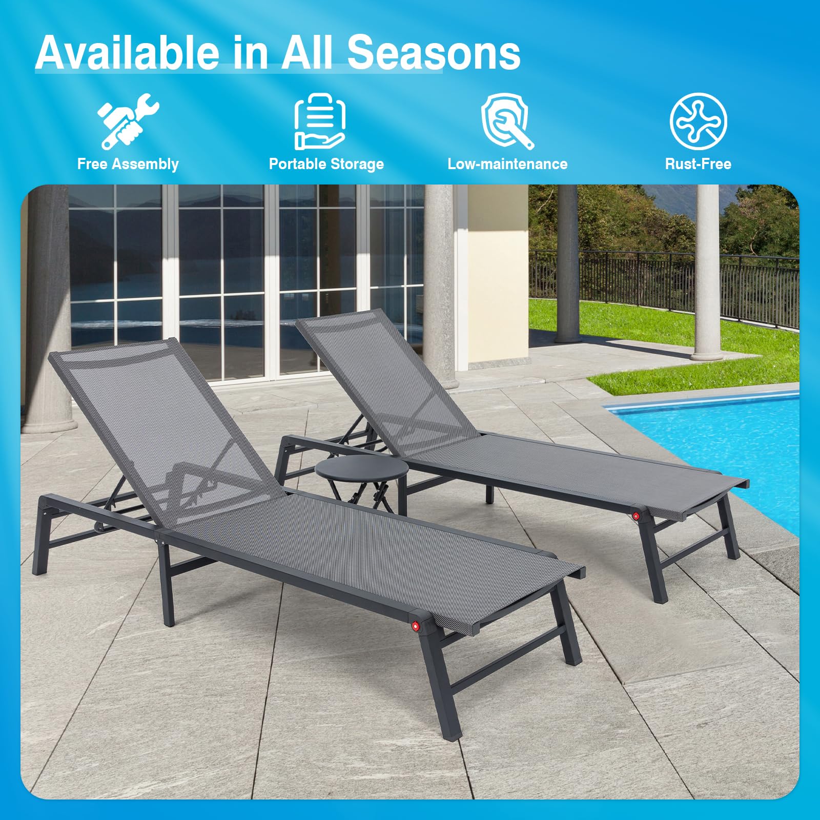 Premium Aluminum Foldable Chaise Lounge Chair - 2 Pack Adjustable Patio Poolside Beach Chair, No Assembly Required - Perfect for Outdoor Relaxation by Pool, Beach, Garden & Backyard