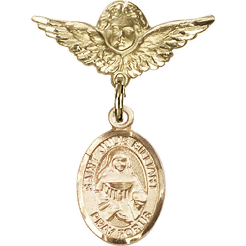 Gold Filled Baby Badge Pin with St. Julie Billiart Charm & Angel Wings - 1 X 3/4 inches - Perfect for Christening Gifts, Baby Showers & Religious Keepsakes