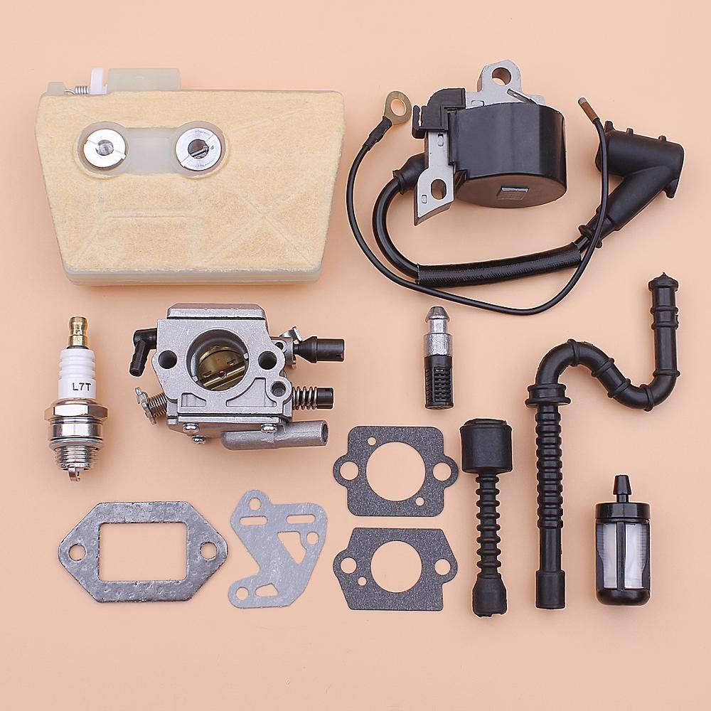 Stihl 038 MS380 MS381 Chainsaw Carburetor Ignition Coil Replacement Parts Kit - Includes Air Filter, Fuel Line, Oil Filter, Spark Plug & Gasket (1119 120 0650) - Perfect for Chainsaw Maintenance & Repair
