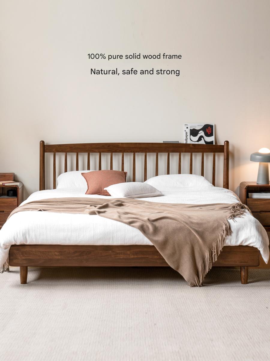 Modern Black Walnut Solid Wood Bed Frame - Queen Size Platform Bed with Headboard - Eco-Friendly Hardwood Bedroom Furniture for Master Bedroom & Guest Room