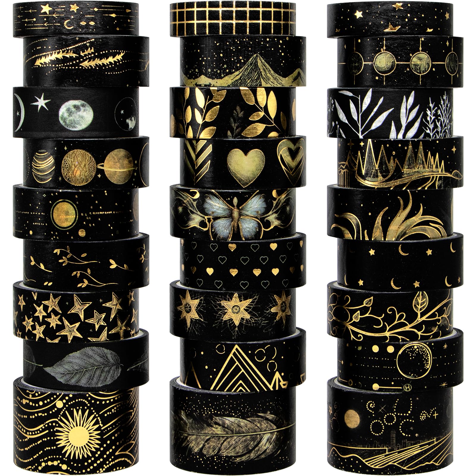 Premium Black Washi Tape Set - 27 Rolls Black & Gold Foil Decorative Masking Tape for Bullet Journaling, Scrapbooking, Watercolor Painting | Perfect for DIY Crafts, Gift Wrapping & Home Decor