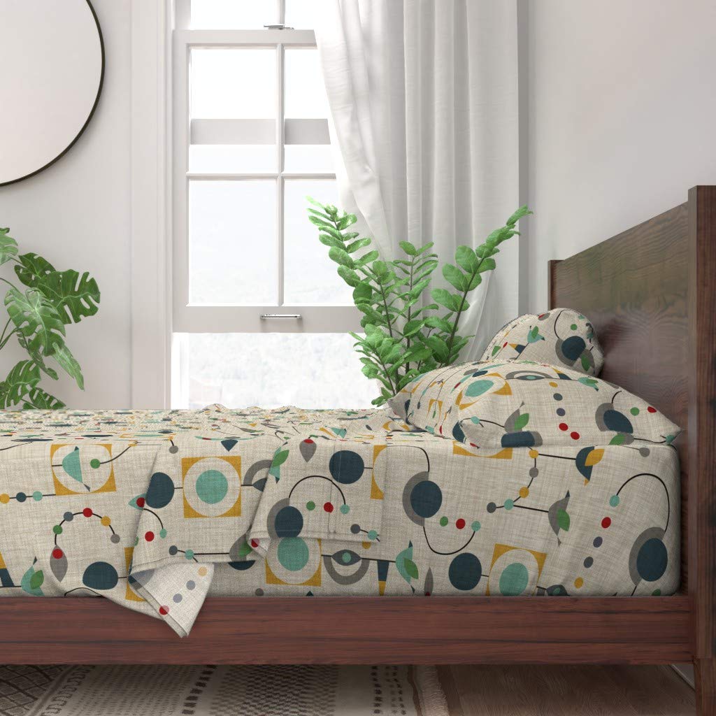 100% Cotton Twin Sheet Set 3pc - Mid Century Modern Geometric Bird & Rocket Retro Print, Green 1950s Atomic Design | Gender Neutral Nursery Bedding | Soft & Breathable for Kids' Room, Guest Bed, Dorm