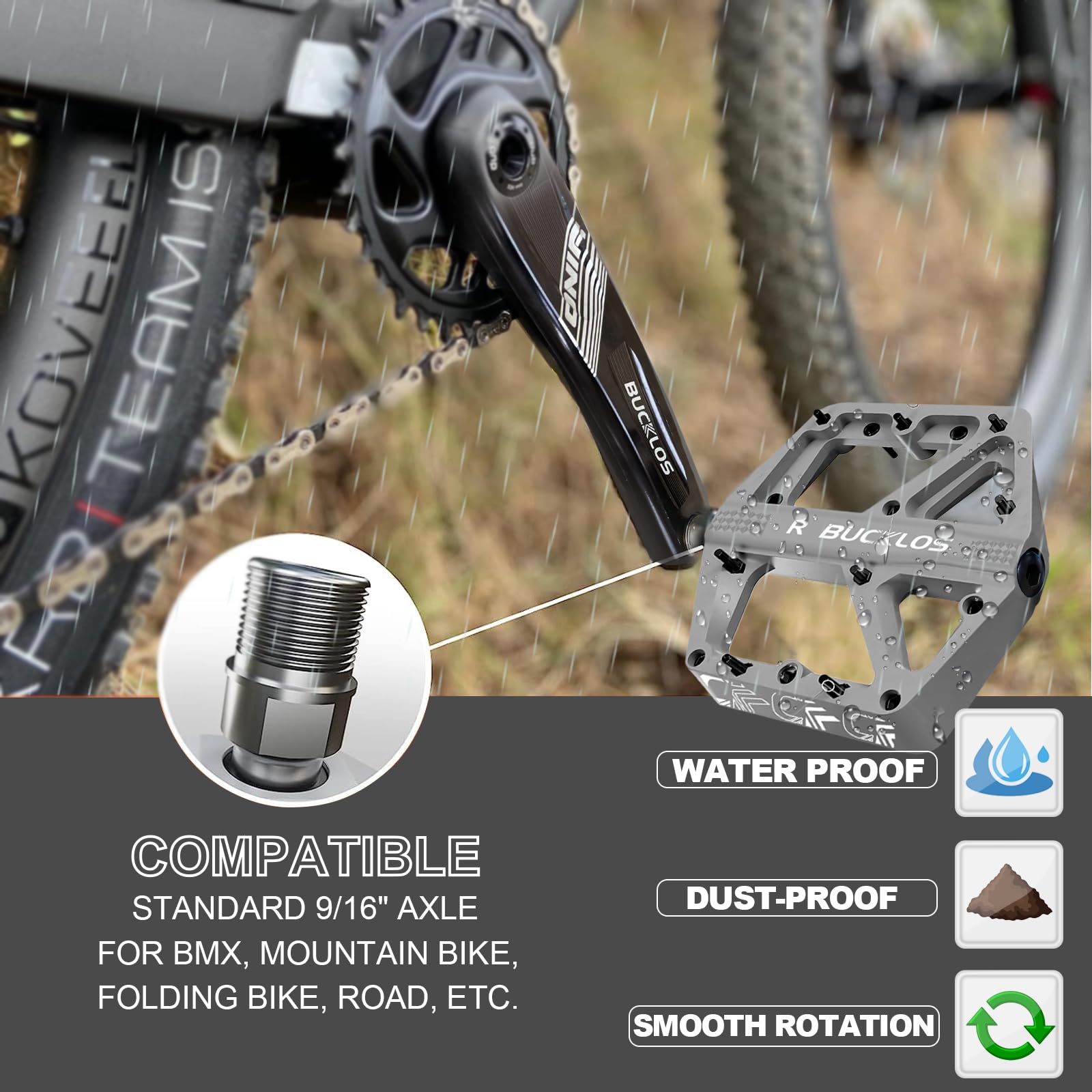 BUCKLOS MTB Pedals - Non-Slip Large Platform Mountain Bike Pedals for Adults, 9/16