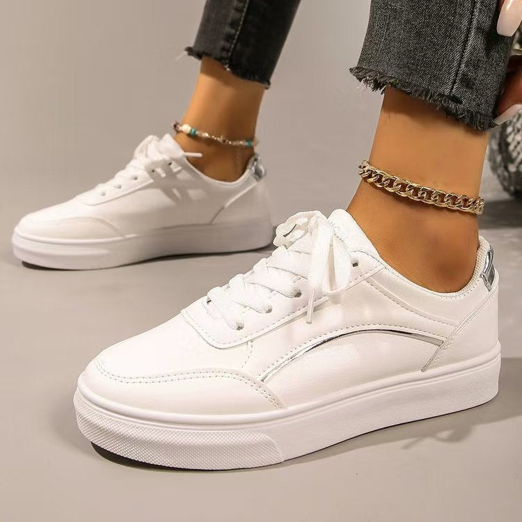 Stylish PU Leather Round Toe Flat Sneakers - Comfortable Women's Casual Shoes for Walking, Work & Everyday Wear