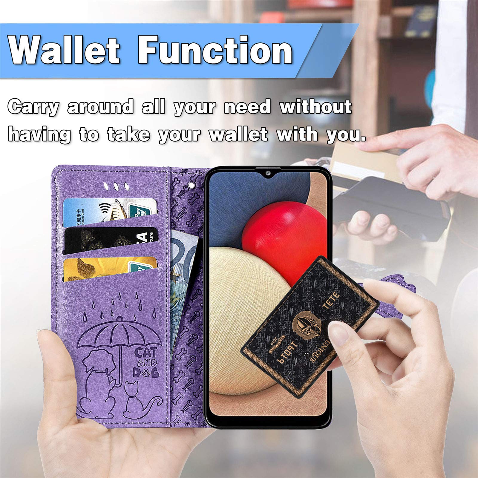 Cute Cat & Dog Cartoon PU Leather Wallet Case for Samsung Galaxy A03S - Flip Phone Cover with Card Holder (MG Purple) | Perfect for Daily Use, Travel & Hands-Free Convenience