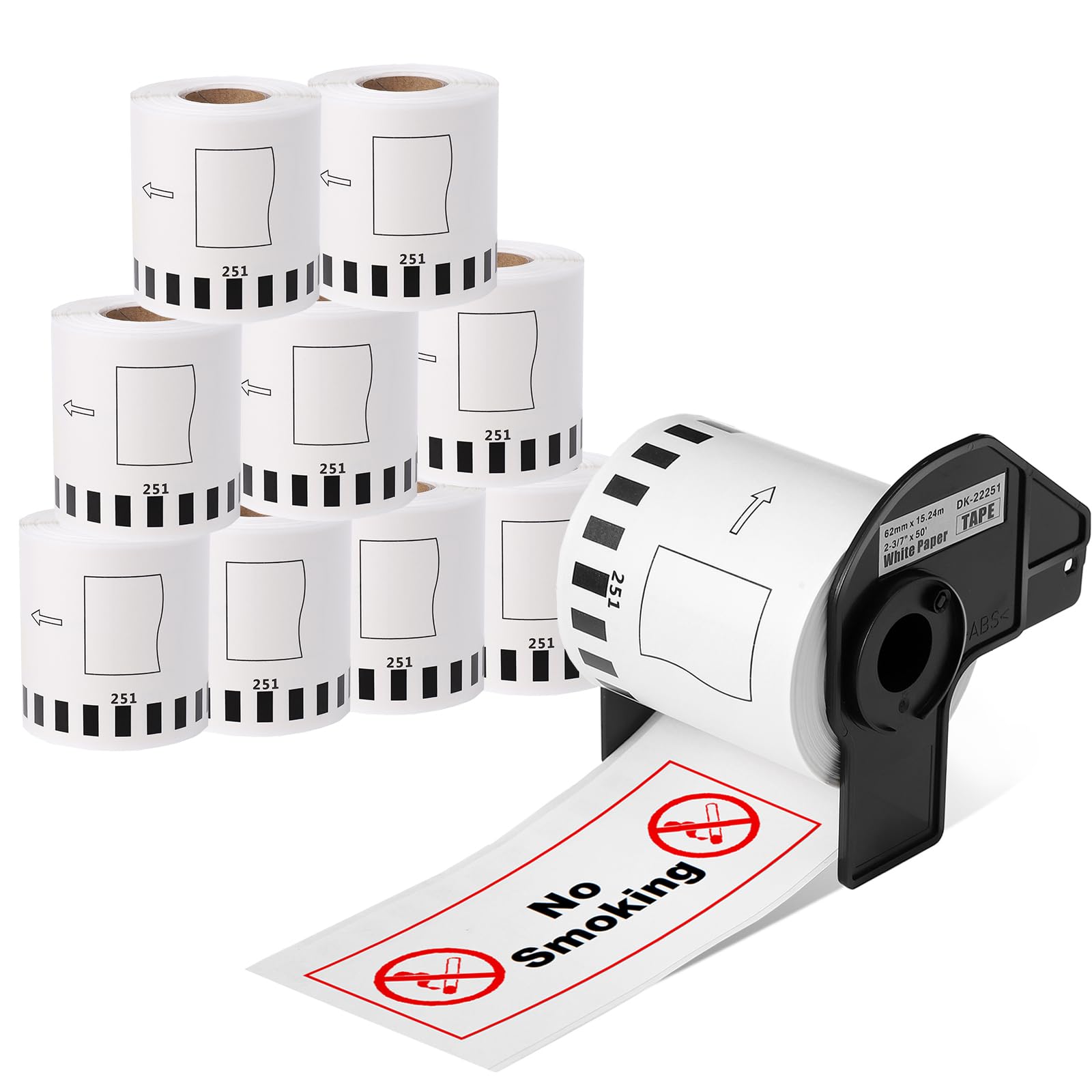 Brother DK-2251 Compatible Label Tape - 10 Rolls Continuous Length Black/Red on White Paper (2.4