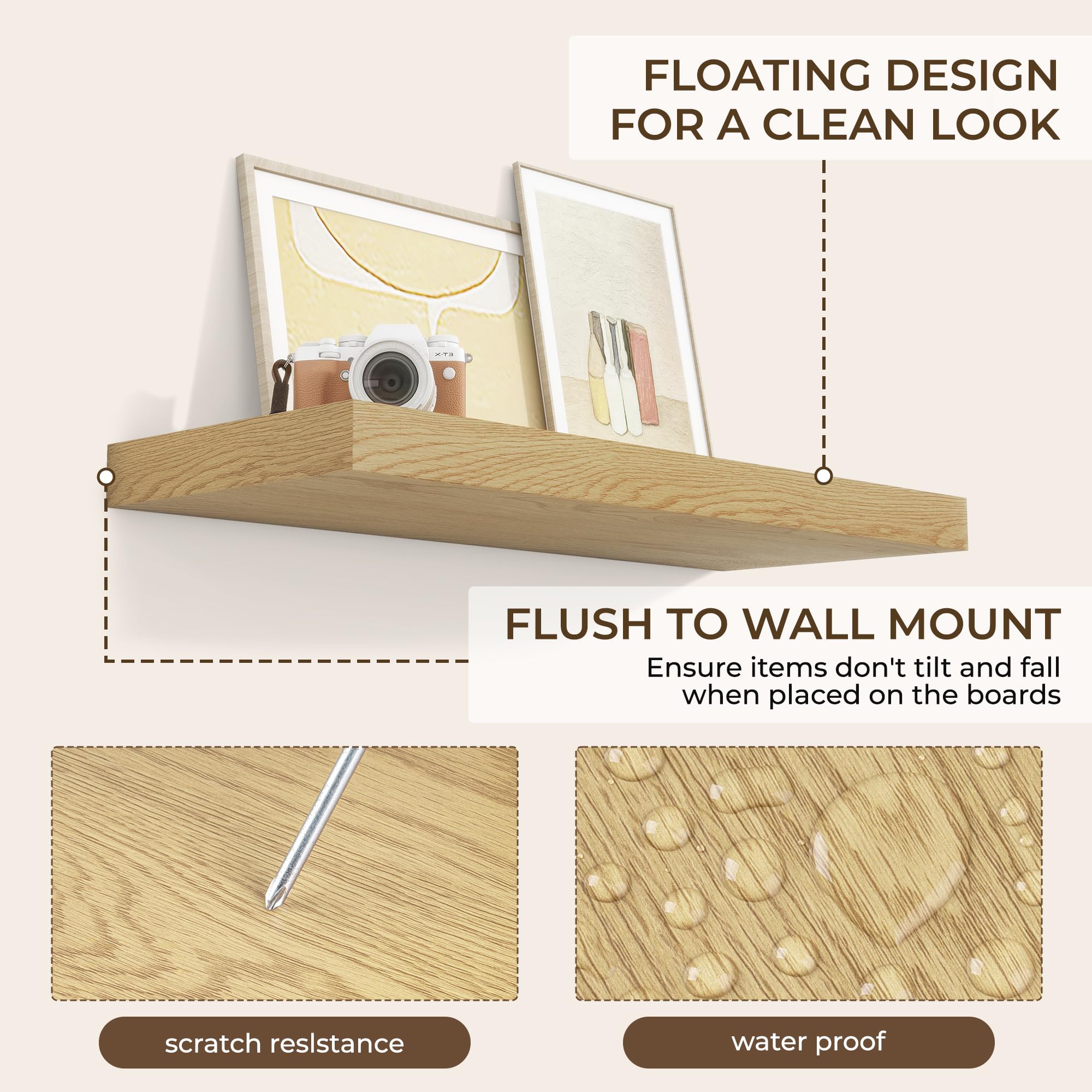 36 Inch Floating Shelves for Wall - 2 Pack Rustic Wood Wall Mounted Shelves with Invisible Brackets for Bedroom, Kitchen, Bathroom - Perfect for Books, Storage & Home Decor (Oak) - Ideal for Small Space Organization & Stylish Display