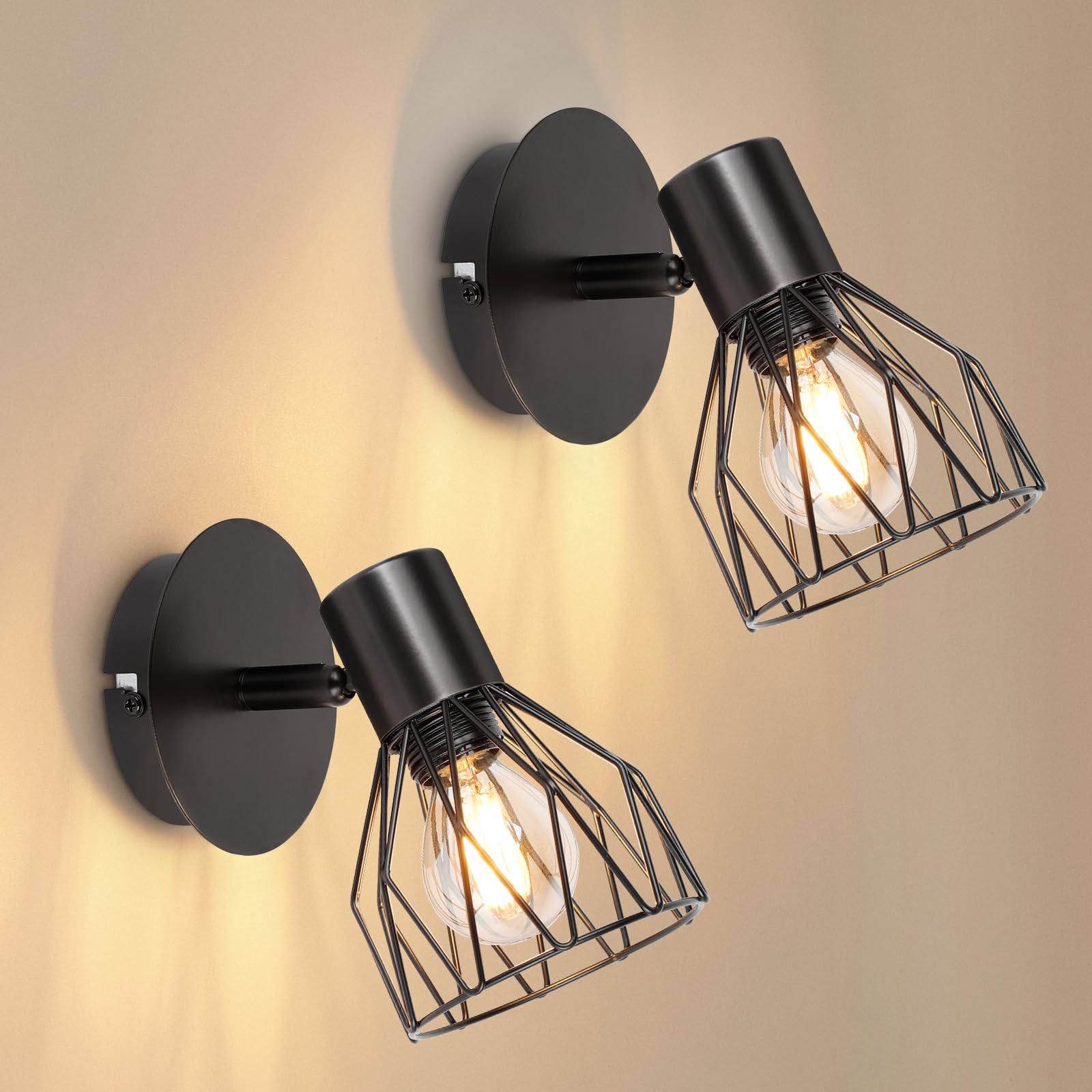 Industrial Wall Lights with E14 Socket - Adjustable Wire Cage Shade, Black Metal Sconce Lighting (2 Pack) - Perfect for Living Room, Bedroom, Hallway & Shop Decor