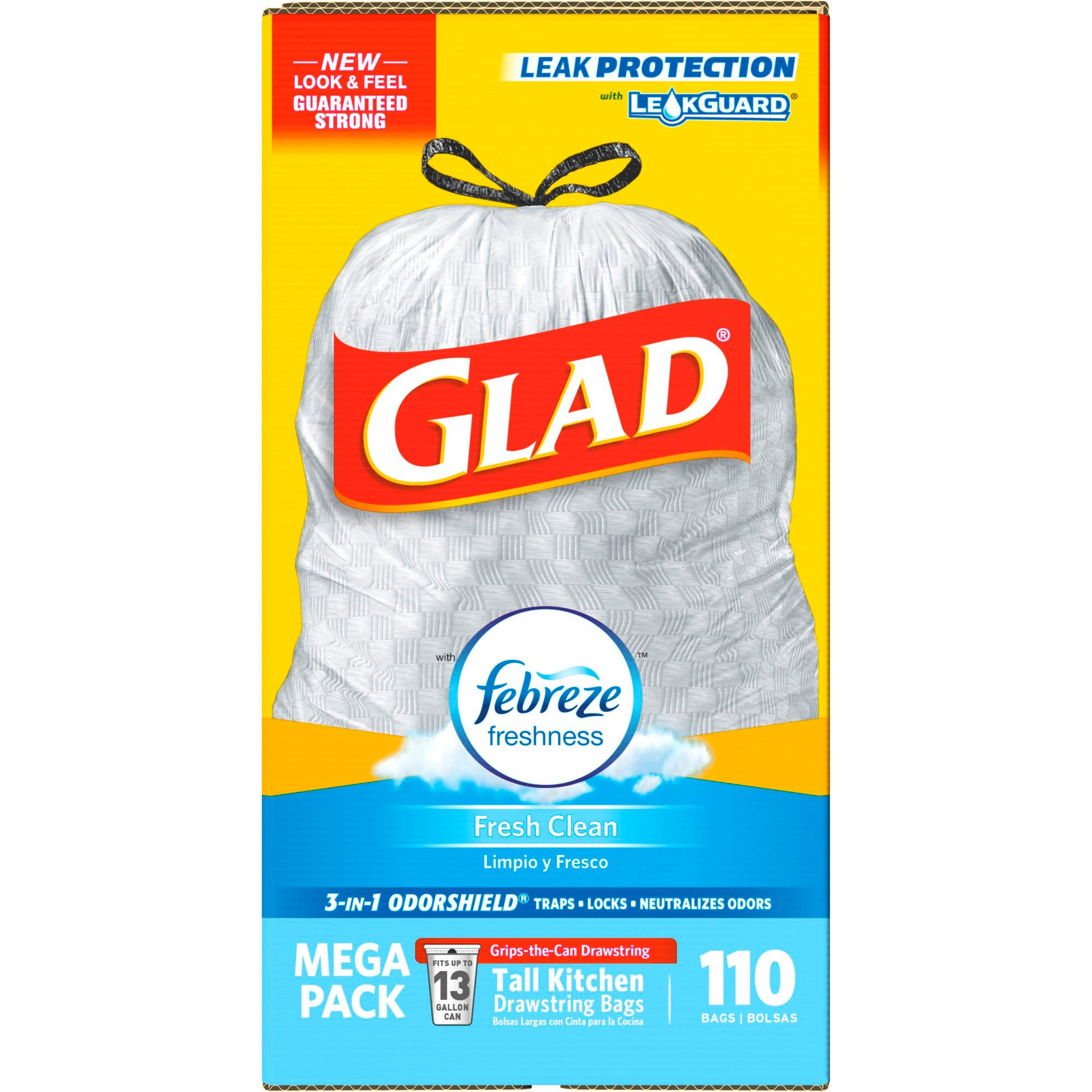 Glad Febreze Fresh 13-Gallon Kitchen Trash Bags - Odor Control Garbage Bags for Home, Office & Kitchen Use