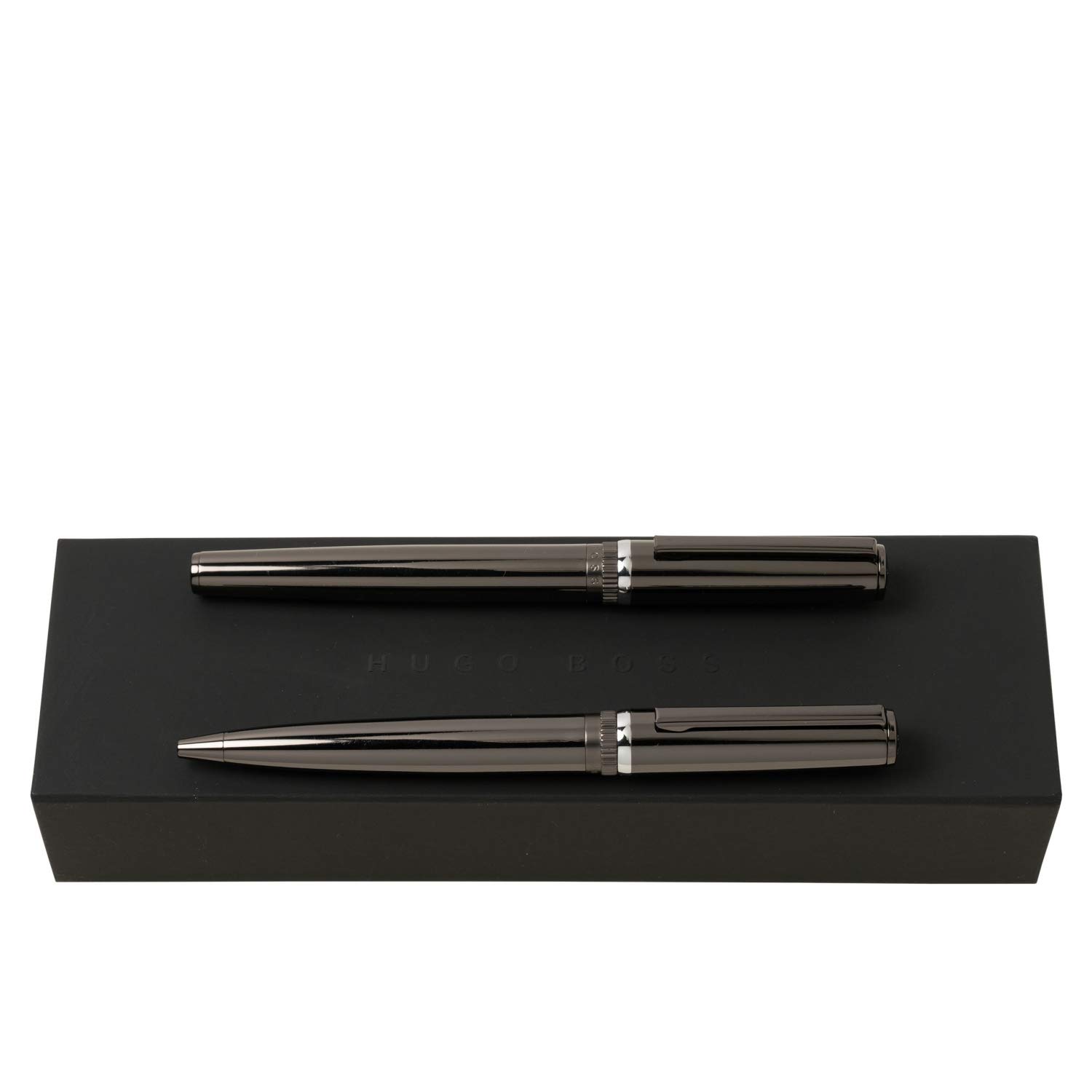 HUGO BOSS Set Gear Dark Chrome Ballpoint Pen & Fountain Pen Gift Set - Premium Writing Instruments for Business Professionals & Luxury Gifts