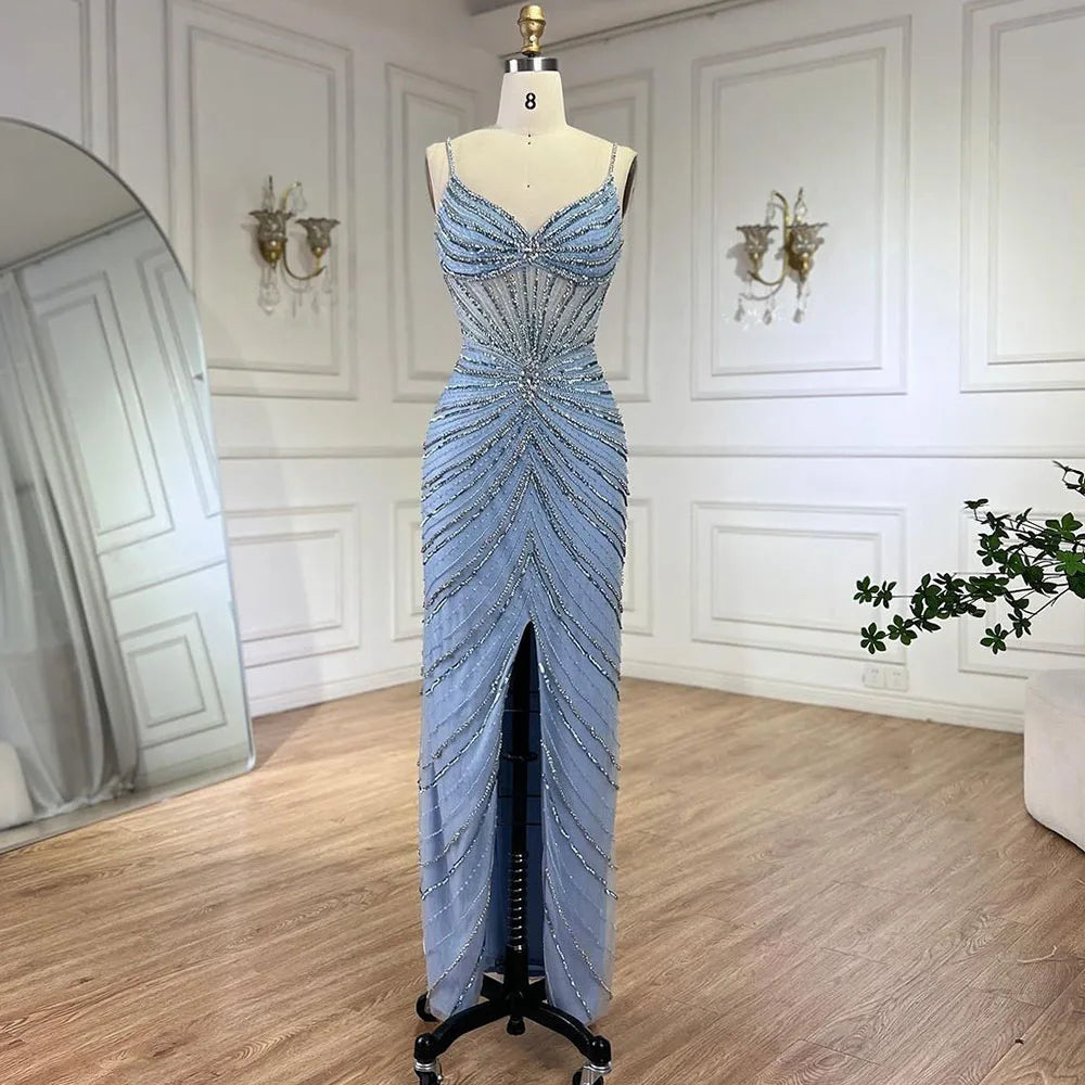 Elegant Dubai Blue Beaded Spaghetti Strap Mermaid Evening Gown with High Slit - Luxury Women's Formal Dress for Weddings, Galas & Red Carpet Events - Perfect for Prom, Cocktail Parties & Special Occasions