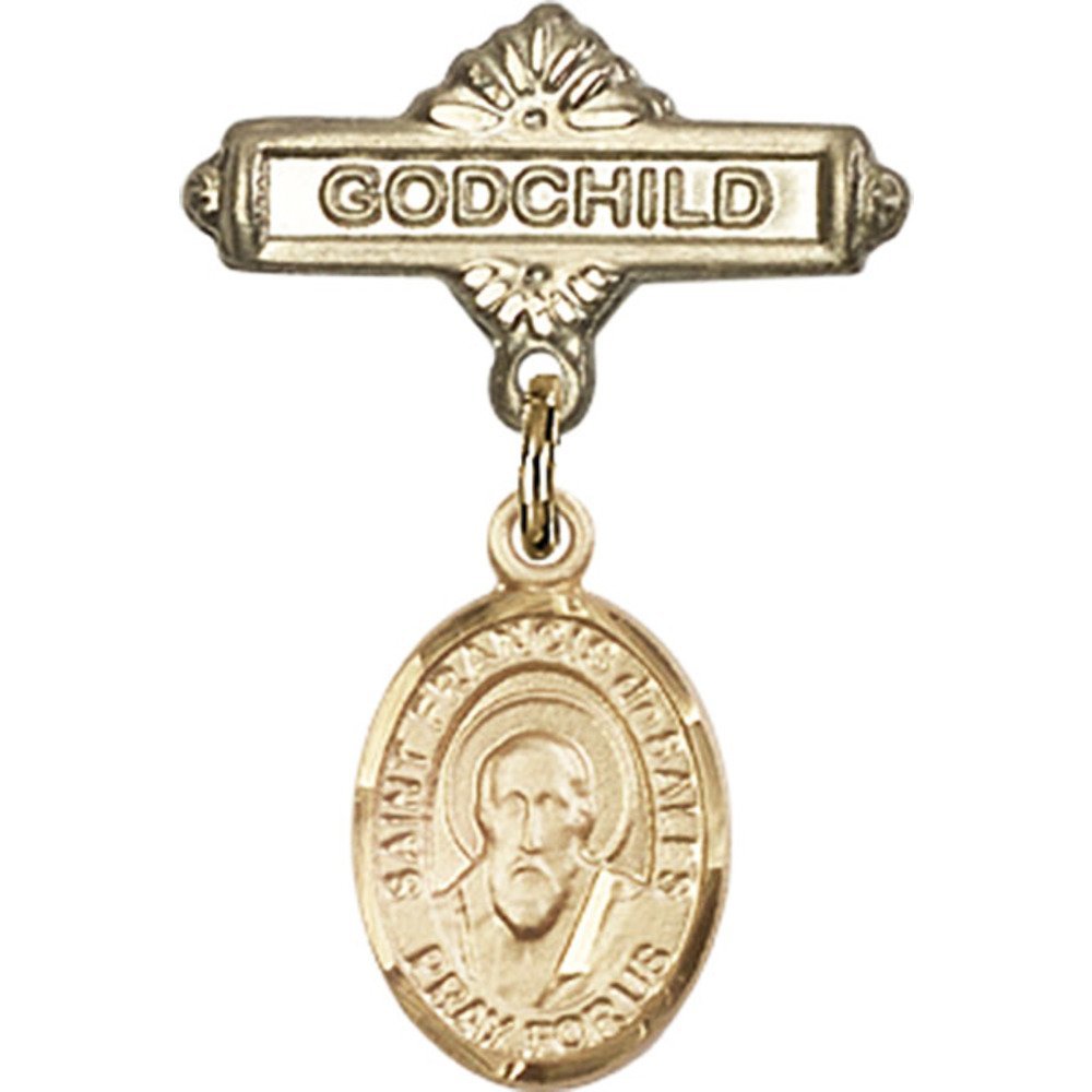 St. Francis de Sales Gold Filled Baby Badge Pin - 1 X 5/8 Inch Godchild Charm - Perfect for Christenings, Baptisms & Religious Gifts