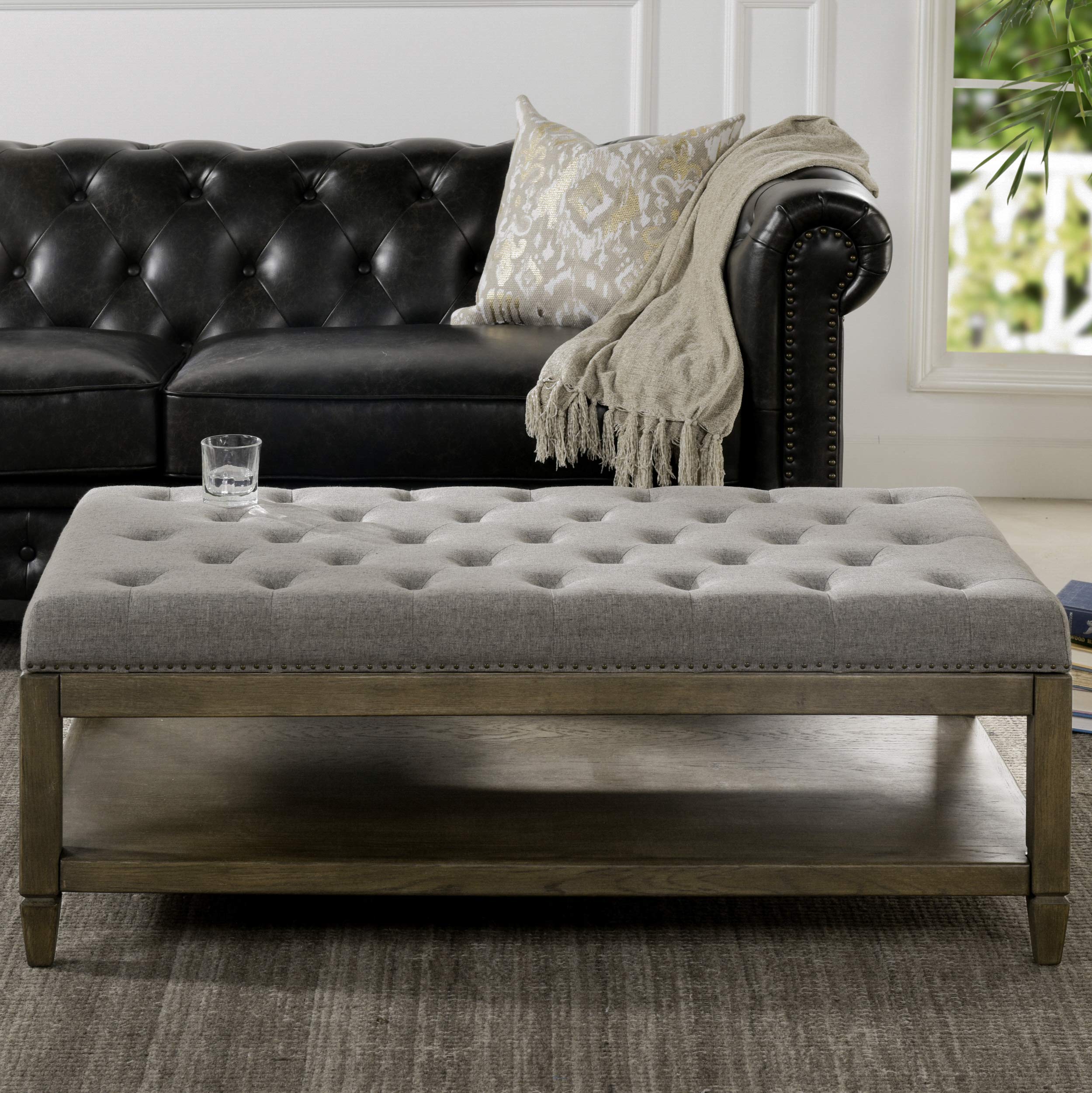 Jennifer Taylor Home Stafford Farmhouse Oak Tufted Cocktail Storage Ottoman - Dark Heathered Grey Linen - Rustic Living Room Furniture with Hidden Storage for Blankets & Pillows - Perfect for Farmhouse, Cottage & Cozy Home Decor