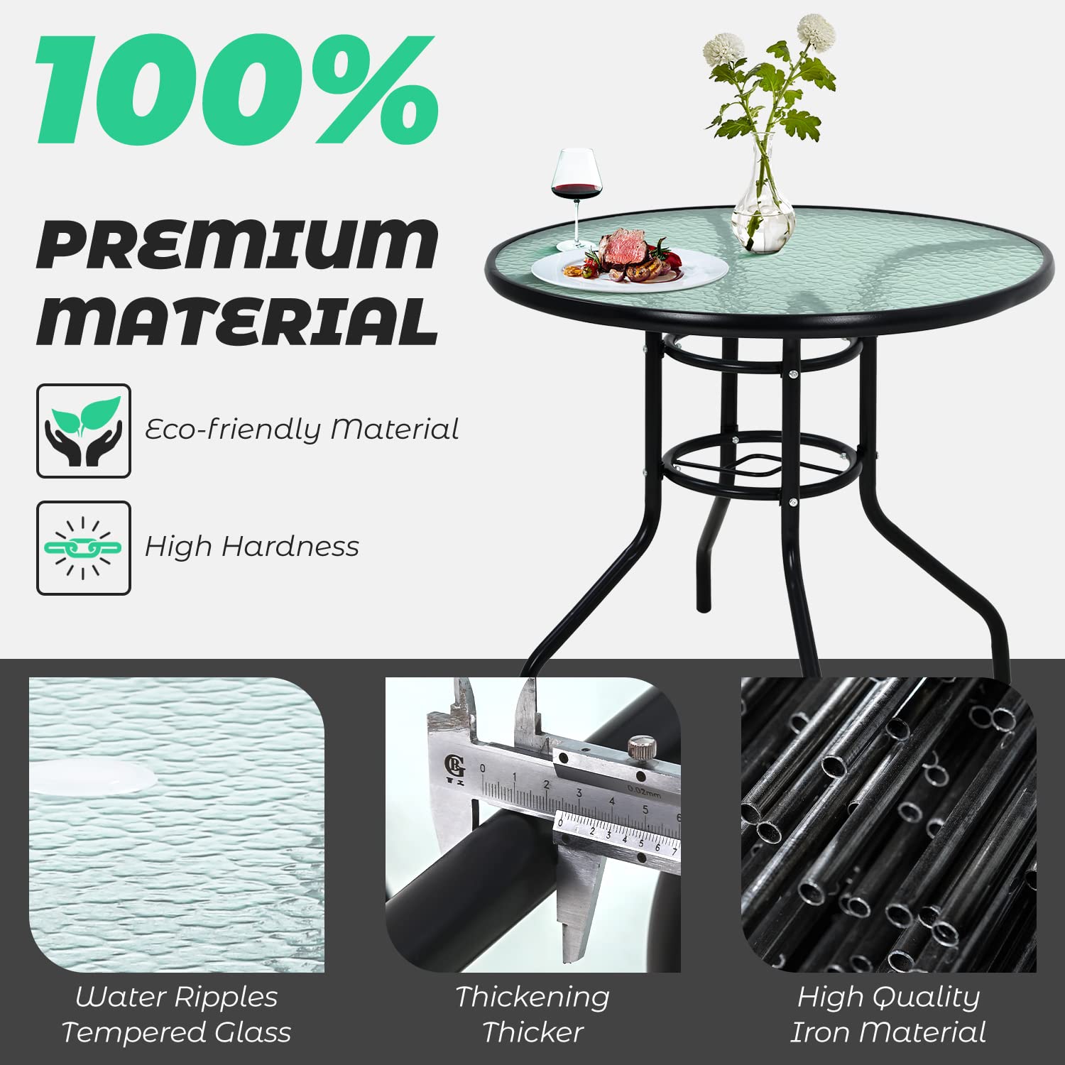 Outdoor Bistro Table with Umbrella Hole - Small Patio Dining Set, All-Weather Tempered Glass Top, Perfect for Balcony, Garden, or Backyard Conversations