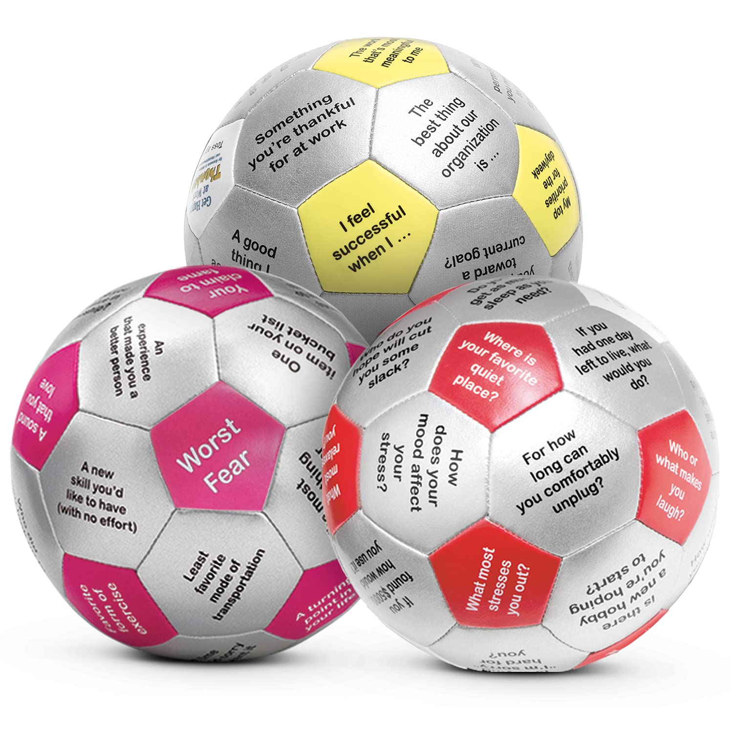 Trainers Warehouse Thumball Bundle - Conversation Starter Ice Breaker Set for Team Building (Includes Get Happy at Work, Getting to Know You & Stress Management Thumballs) - Perfect for Workplace Activities, Group Therapy & Classroom Games