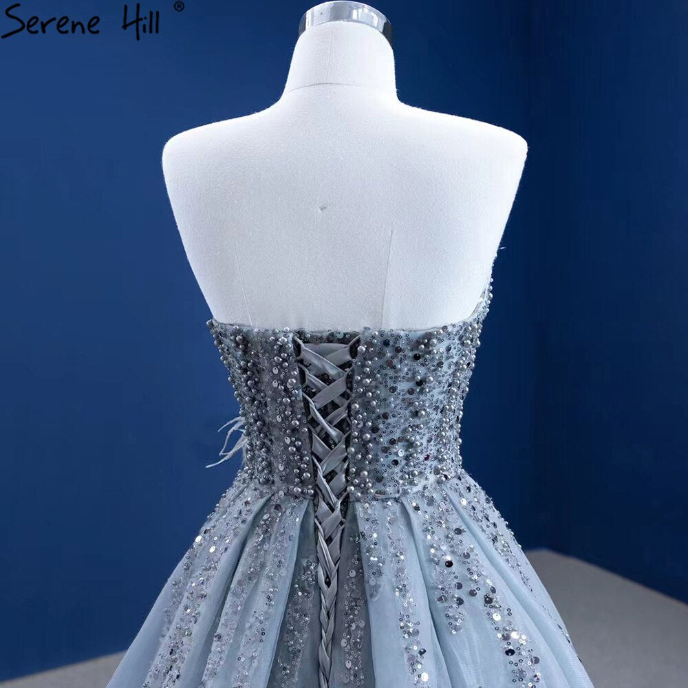 Elegant Grey Mermaid Evening Dress with Feather & Beaded Overskirt for Women - Serene Hill 2025 Collection | Perfect for Prom, Gala & Formal Parties (HM67340)