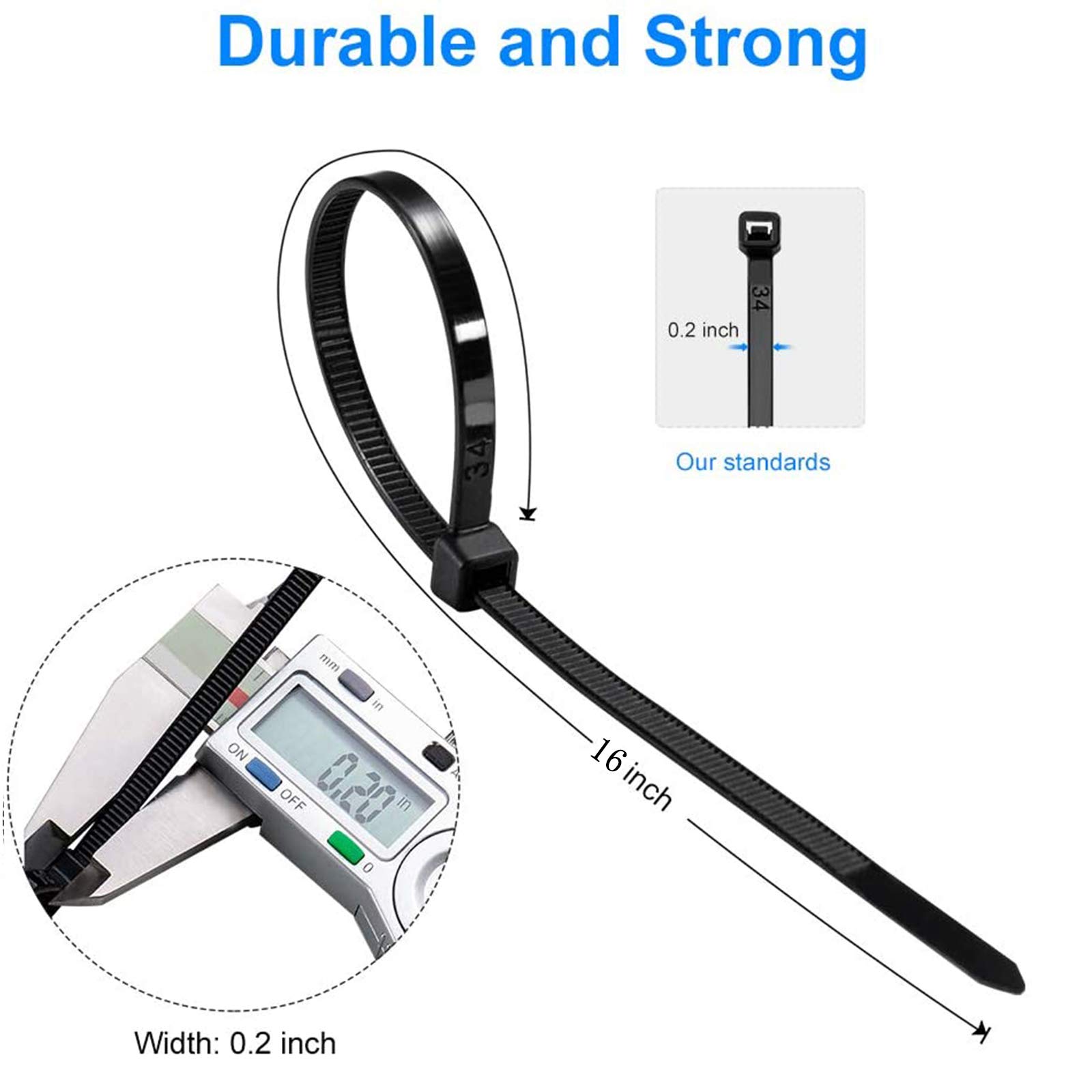 16 Inch Heavy Duty Black Zip Ties - 100 Pack Self-Locking Cable Ties with 70lbs Tensile Strength & UV Resistance - Perfect for Organizing Wires, Securing Cables & Outdoor Use