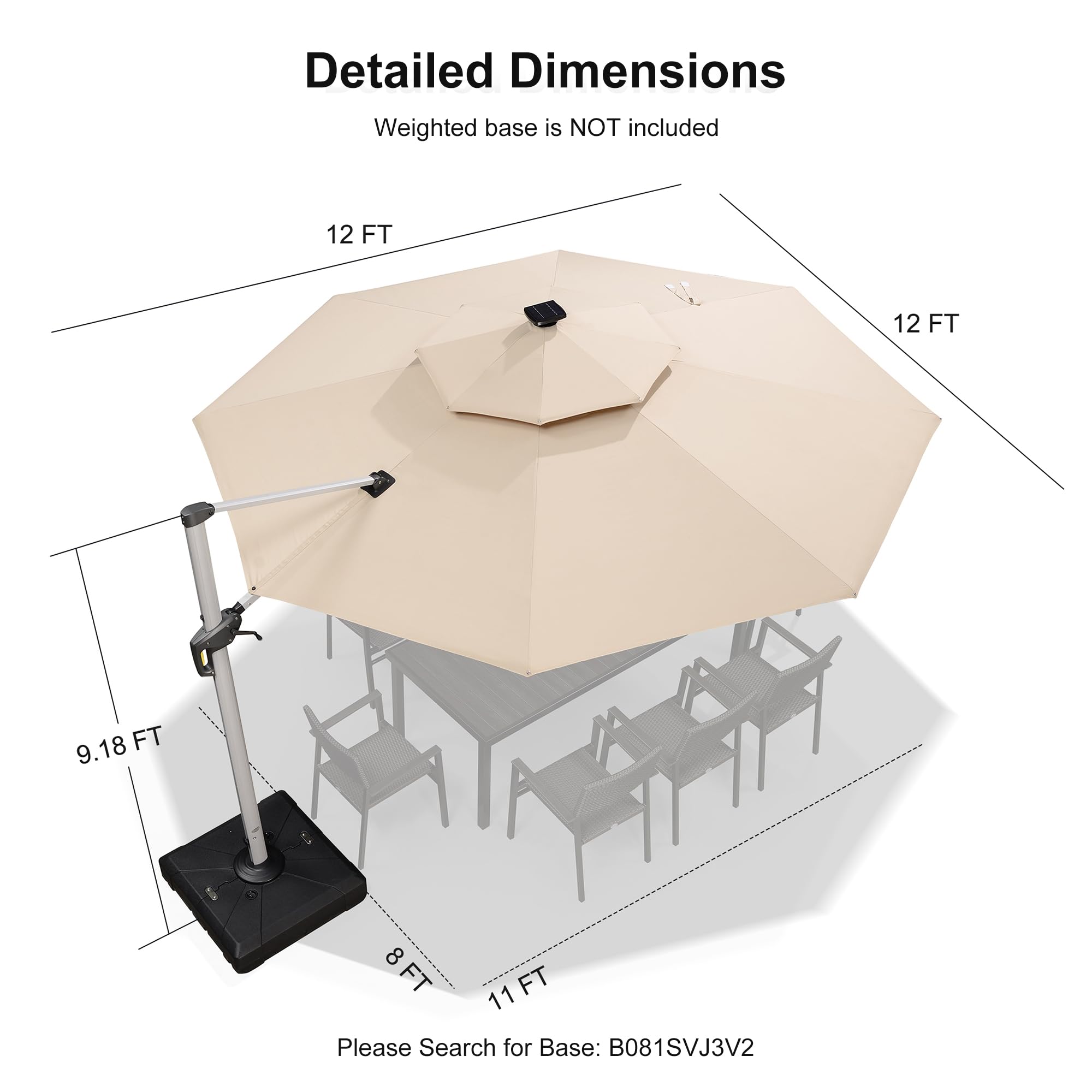 PURPLE LEAF 12ft Solar Powered LED Patio Umbrella - Large Windproof Cantilever Outdoor Umbrella with Bright LED Lights, Heavy Duty Sun Shade for Garden, Deck, Pool & Backyard (Beige) | Perfect for Outdoor Dining, Lounging and Summer Entertaining