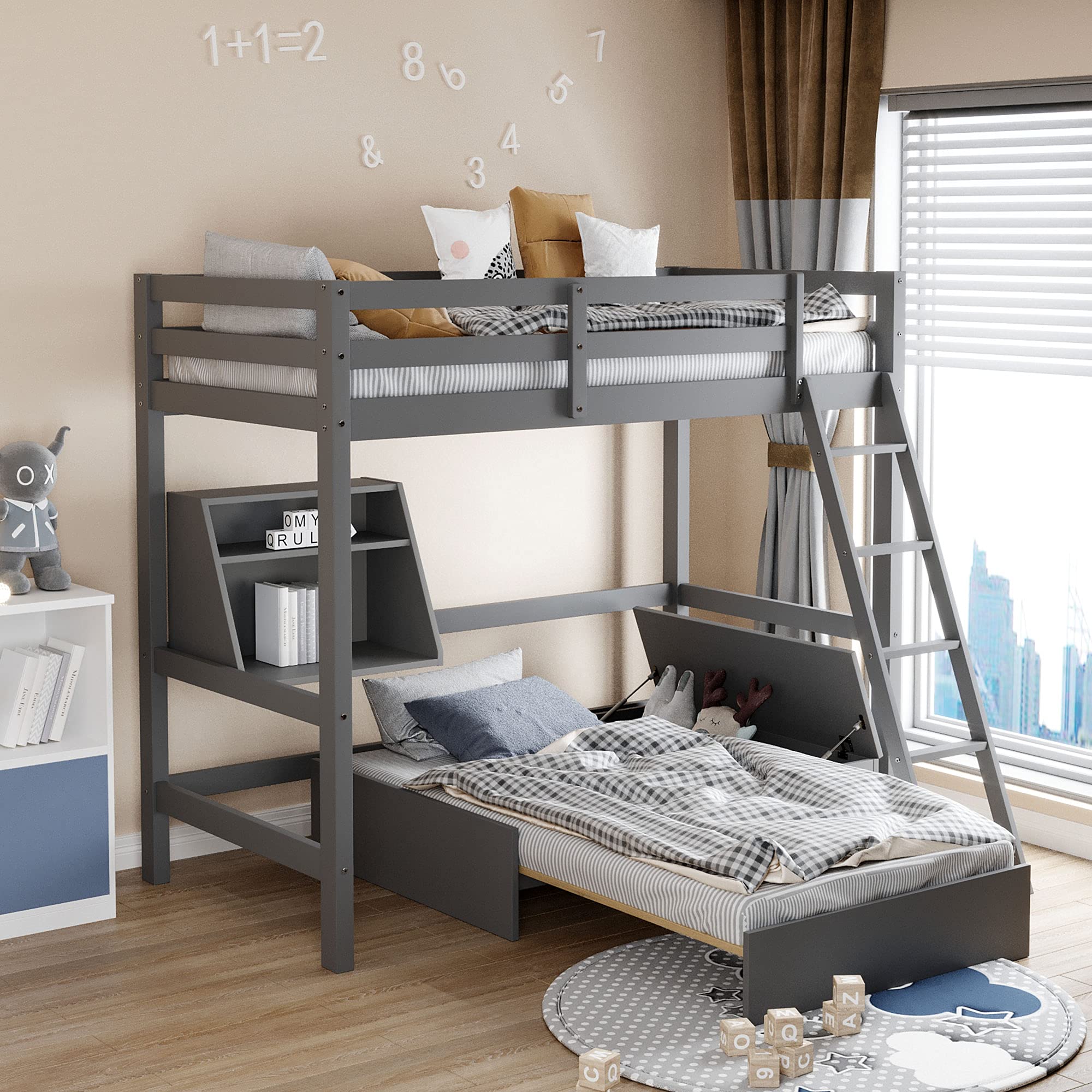 Twin Size Loft Bed with Convertible Lower Bed - Wooden Bunk Bed Frame with Storage Drawer & Shelf, Multifunctional Loft Bed with Ladder & Safety Guardrails for Teens & Adults (Gray) - Perfect for Small Bedrooms, Dorm Rooms & Space-Saving Kids' Rooms