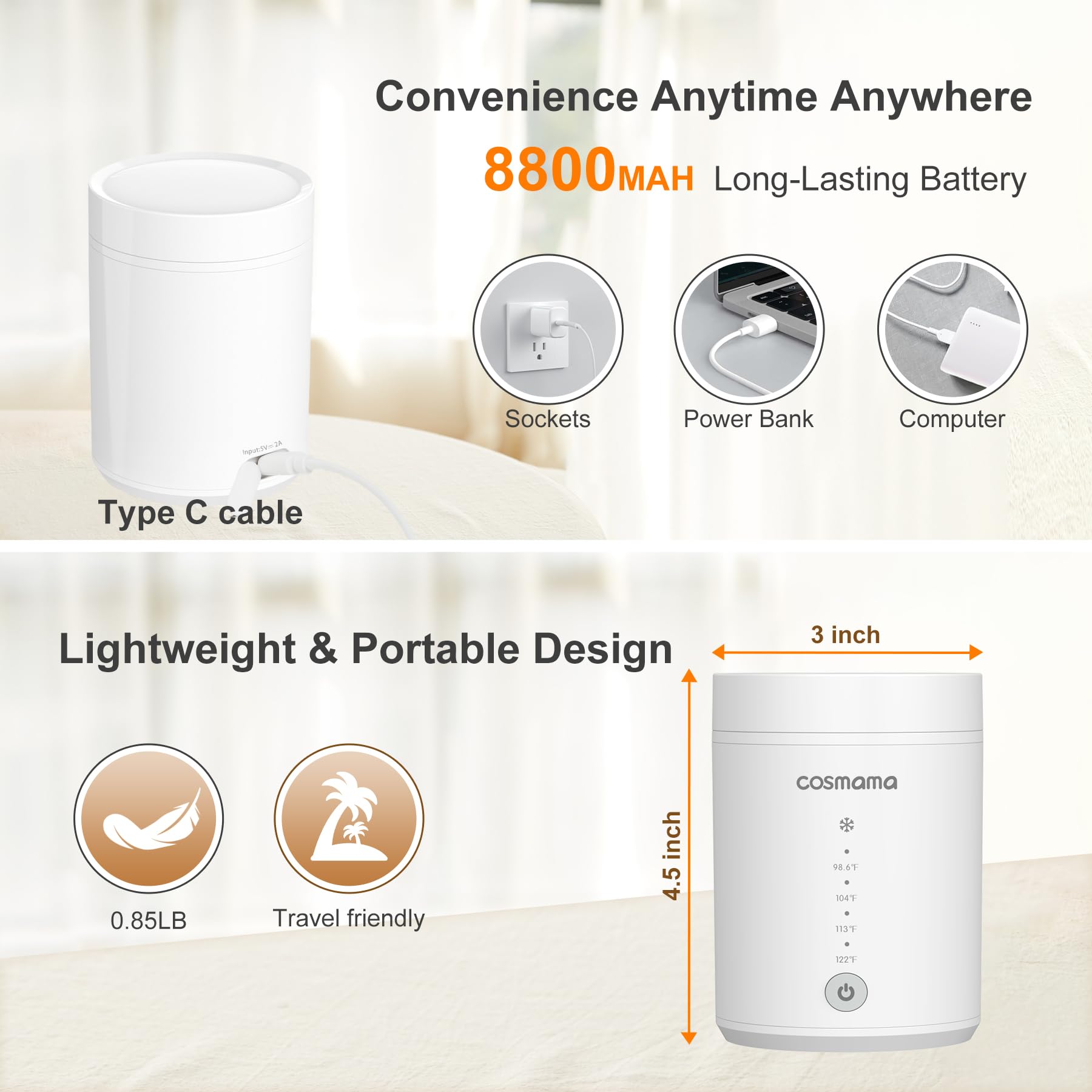 Portable Baby Bottle Warmer for Travel - Rechargeable Breast Milk & Formula Warmer with 4 Adapters & Precise Temperature Control | Perfect for On-the-Go Parents, Daycare, Road Trips & Airplane Travel