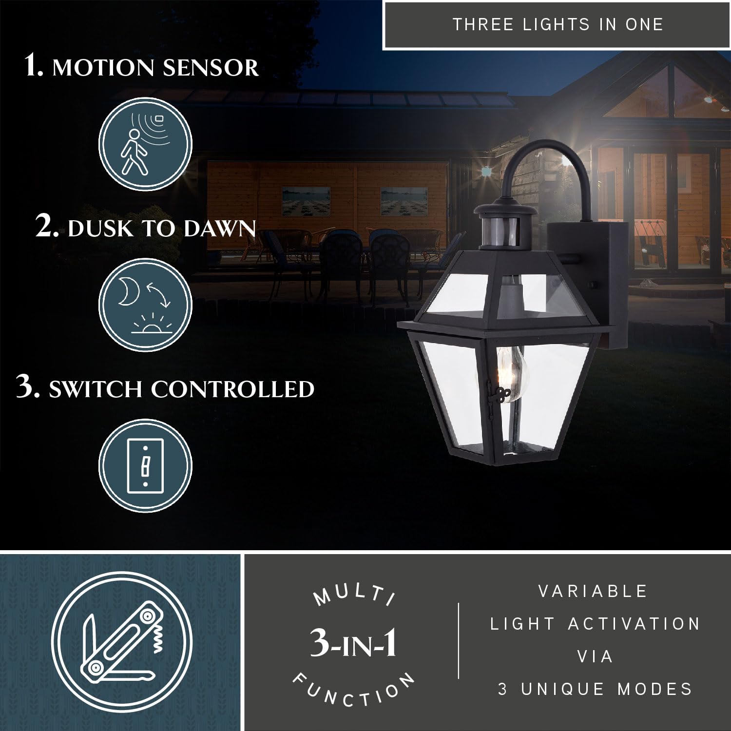 VAXCEL Nottingham 7-inch Black Motion Sensor Outdoor Wall Light with Clear Glass - Weatherproof Dusk to Dawn Security Lighting for Porch, Garage & Entryway