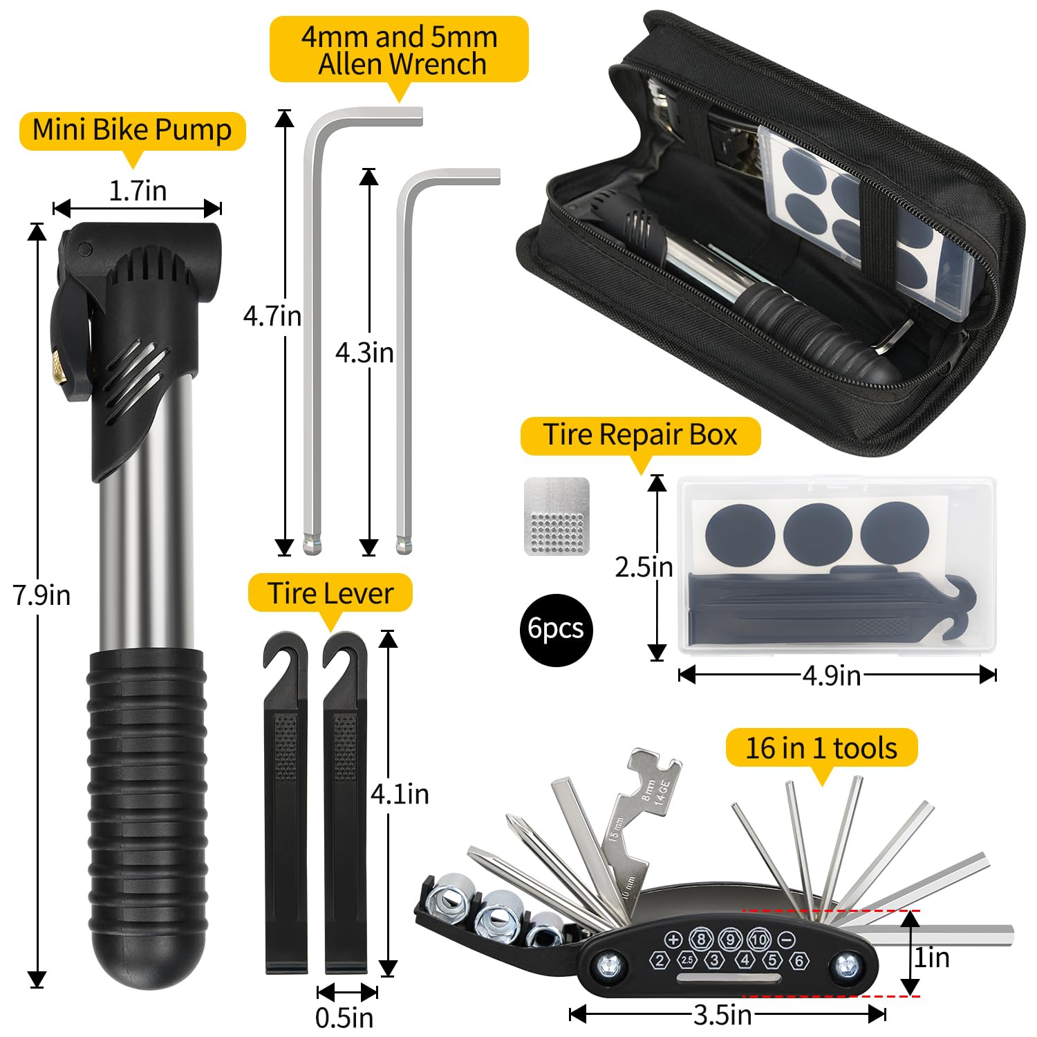 16-in-1 Bike Repair Kit with Tire Pump - Portable Bicycle Tool Kit for Mountain & Road Bikes - Includes 4mm/5mm Allen Wrenches & Tire Repair Tools - Perfect for Camping, Travel & Emergency Roadside Bike Maintenance
