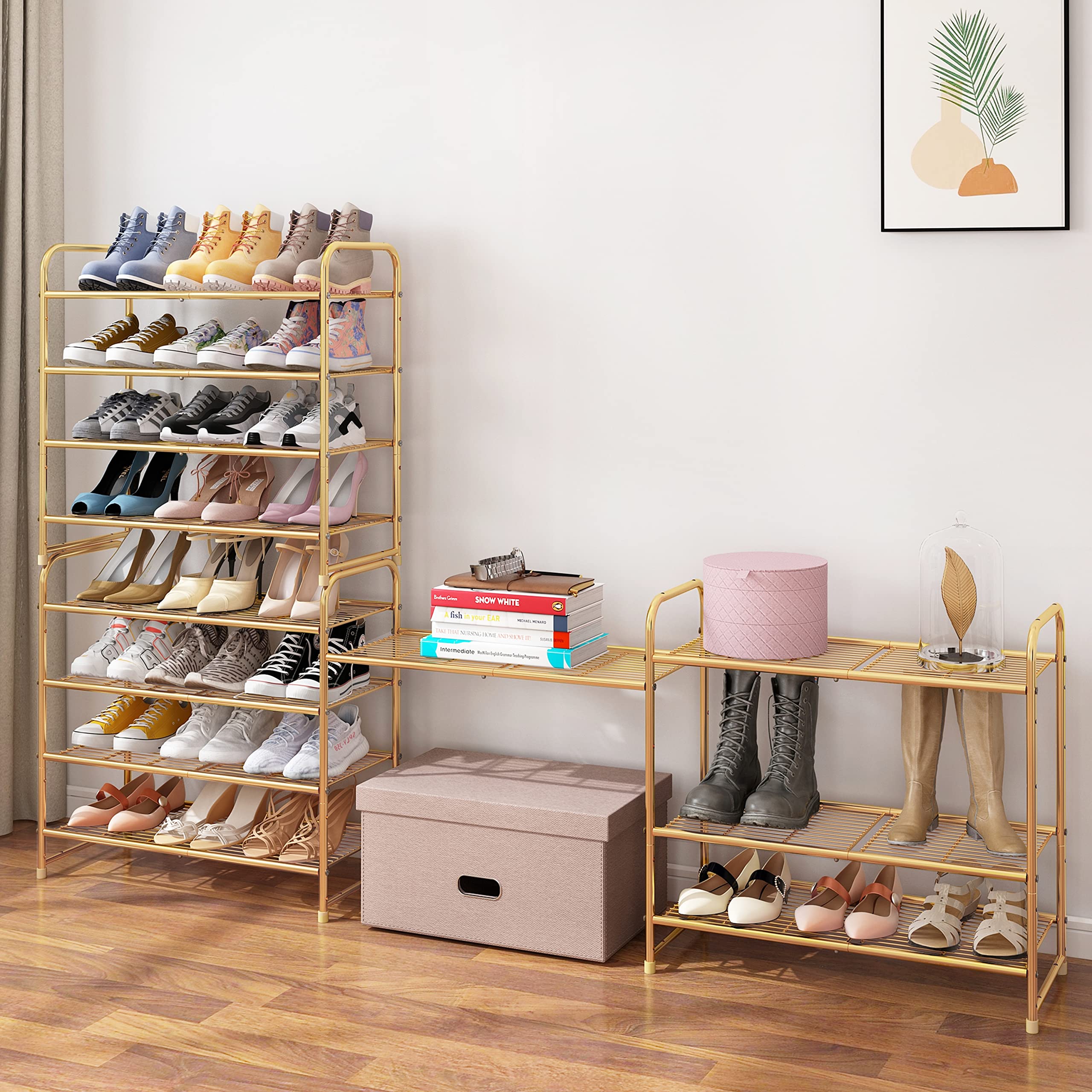 Simple Trending 4-Tier Stackable Shoe Rack - Expandable & Adjustable Shoe Organizer Storage Shelf with Wire Grid in Golden Yellow | Perfect for Closet, Bedroom & Entryway Organization
