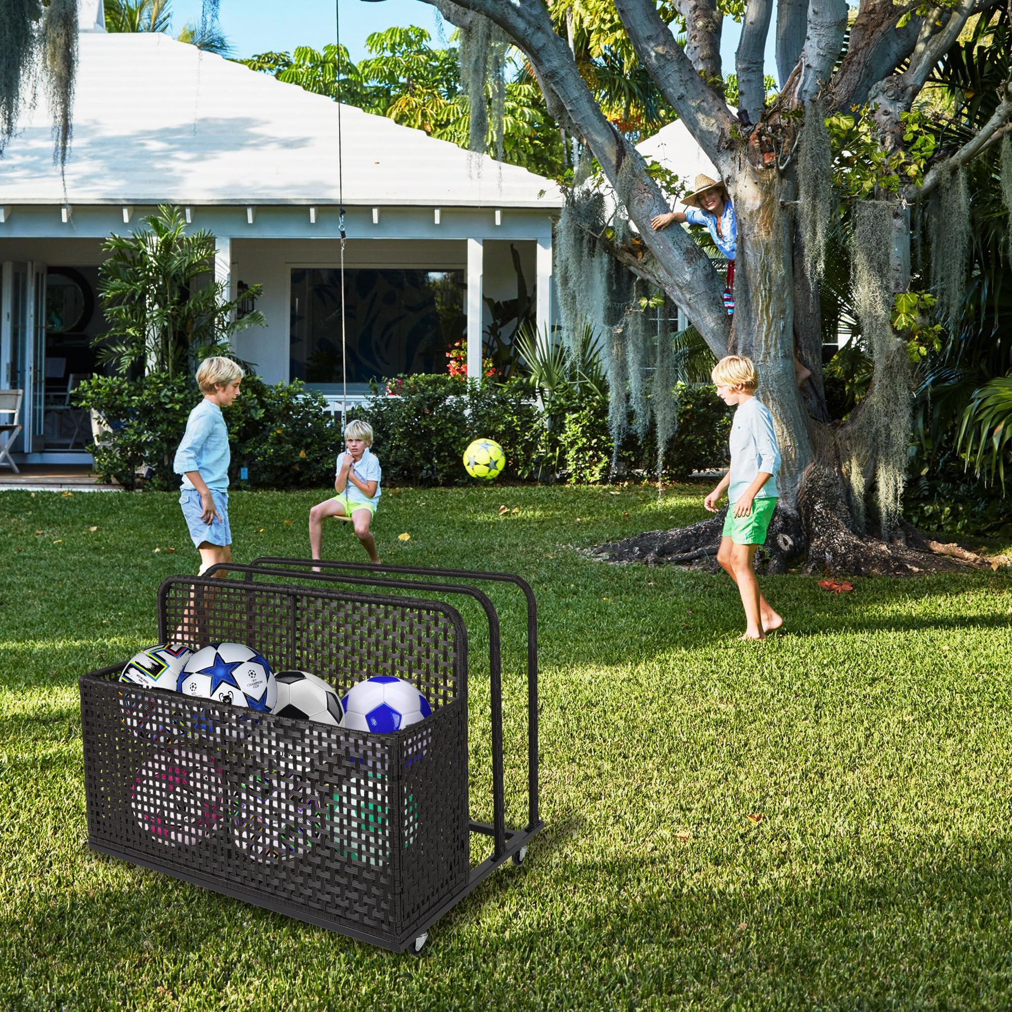 TrailBlaze Outdoor Storage Organizer - Double Layer Rattan Pool Towel Rack with Wheels | Waterproof Poolside Float & Cushion Storage Bin for Patio, Garden, Backyard | Perfect for Pool Parties, Summer Relaxation & Outdoor Organization