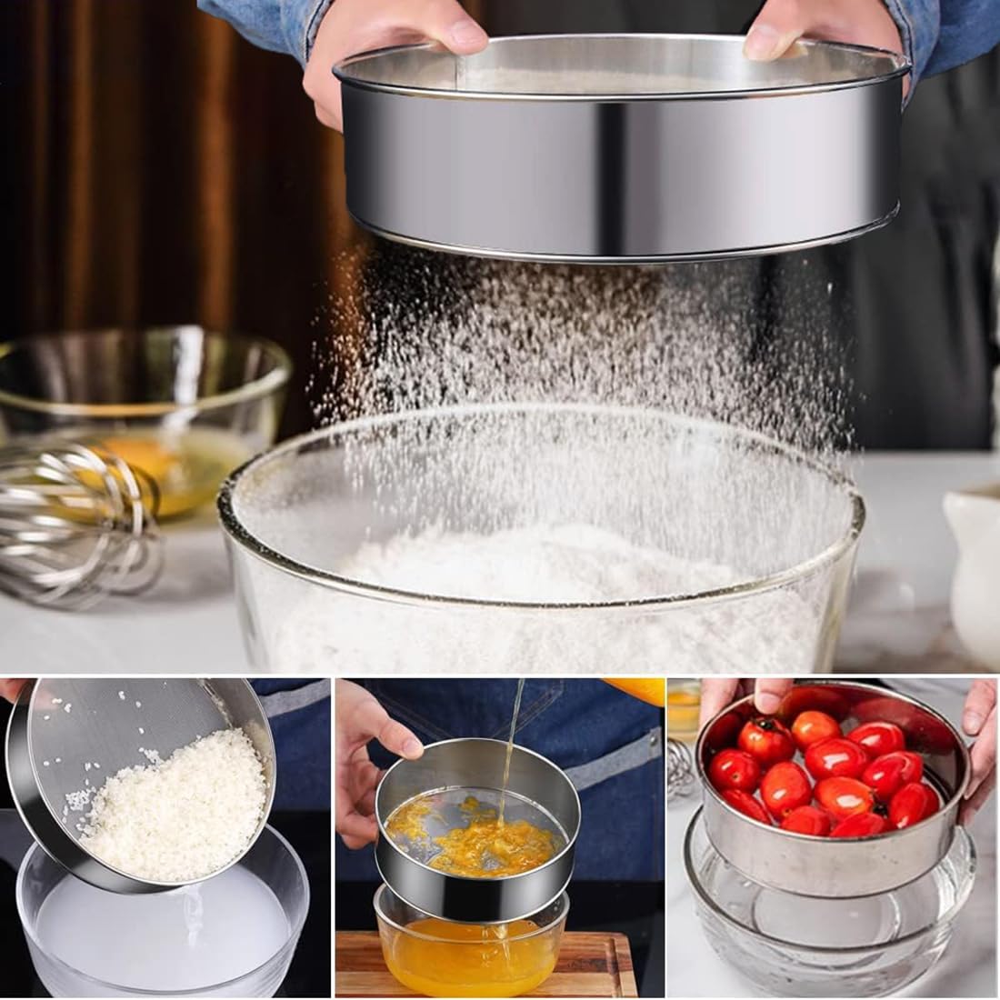 Premium 6 Inch Stainless Steel Flour Sifter - 60 Mesh Fine Sieve for Baking, Cake Making & Bread Straining | Professional Kitchen Tool for Powder Sifting & Dough Preparation | Ideal for Home Bakers & Pastry Chefs