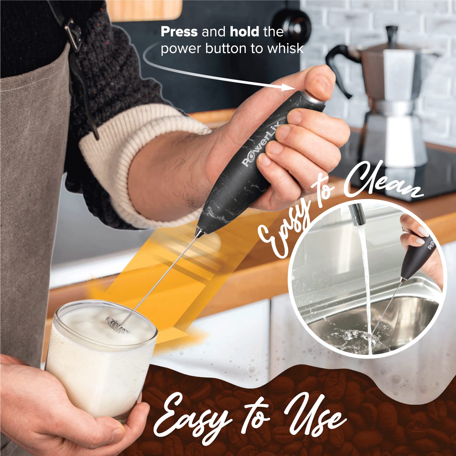 PowerLix Powerful Handheld Milk Frother - Battery Operated Foam Maker for Coffee, Latte & Cappuccino - Includes Stand & 2 Speeds - Perfect for Home, Office & Coffee Shops (Black Marble)