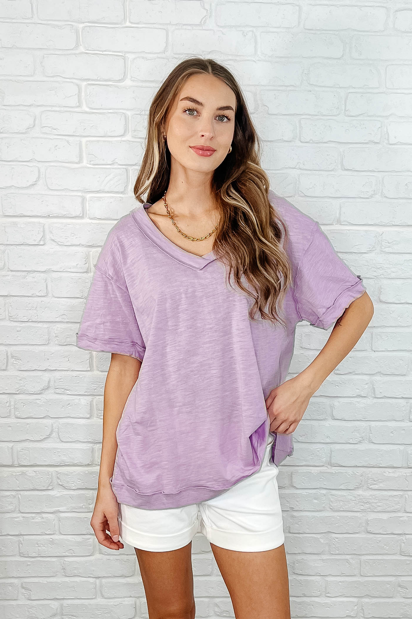 Basic Instinct Drop Shoulder V-Neck Tee in Lilac | Women's Casual T-Shirt | Soft Comfort Fit | Perfect for Everyday Wear & Layering
