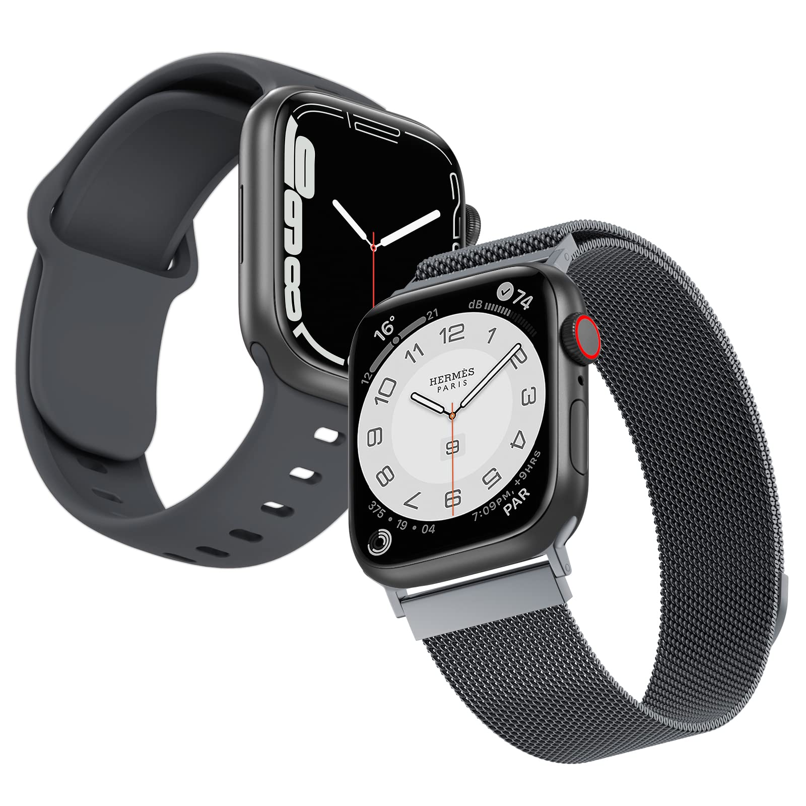 2 Pack Apple Watch Bands Compatible with Series 8/7/6/5/4/3/2/1/SE - 38mm 40mm 41mm 42mm 44mm 45mm - Stainless Steel Magnetic Milanese Loop & Soft Silicone Sport Band for Women & Men - Perfect for Workouts, Office & Everyday Wear