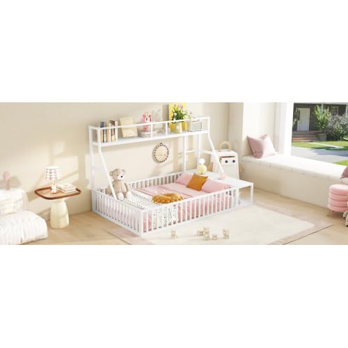 Full Size Kids Floor Bed with Safety Fence - White Metal Bed Frame with Built-in Desk & Storage Shelves for Toddlers and Children | Perfect for Small Bedrooms, Montessori Rooms, and Play Areas