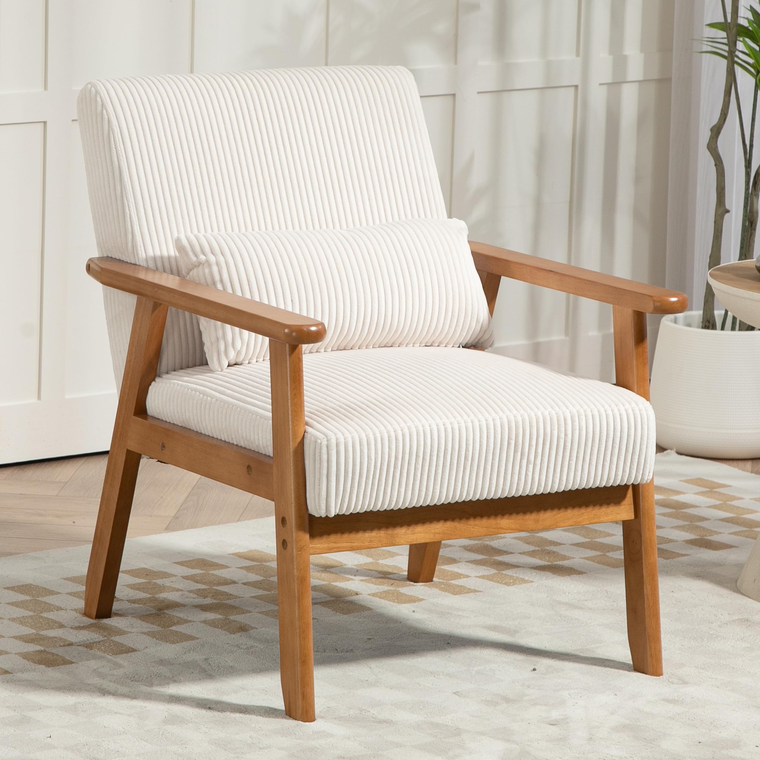 Modern Accent Chair Set of 2 - Wooden Legs & Wide Armrest Corduroy Lounge Chairs with Lumbar Support Pillow - Beige Living Room, Bedroom, Office & Balcony Seating for Relaxation & Stylish Home Decor