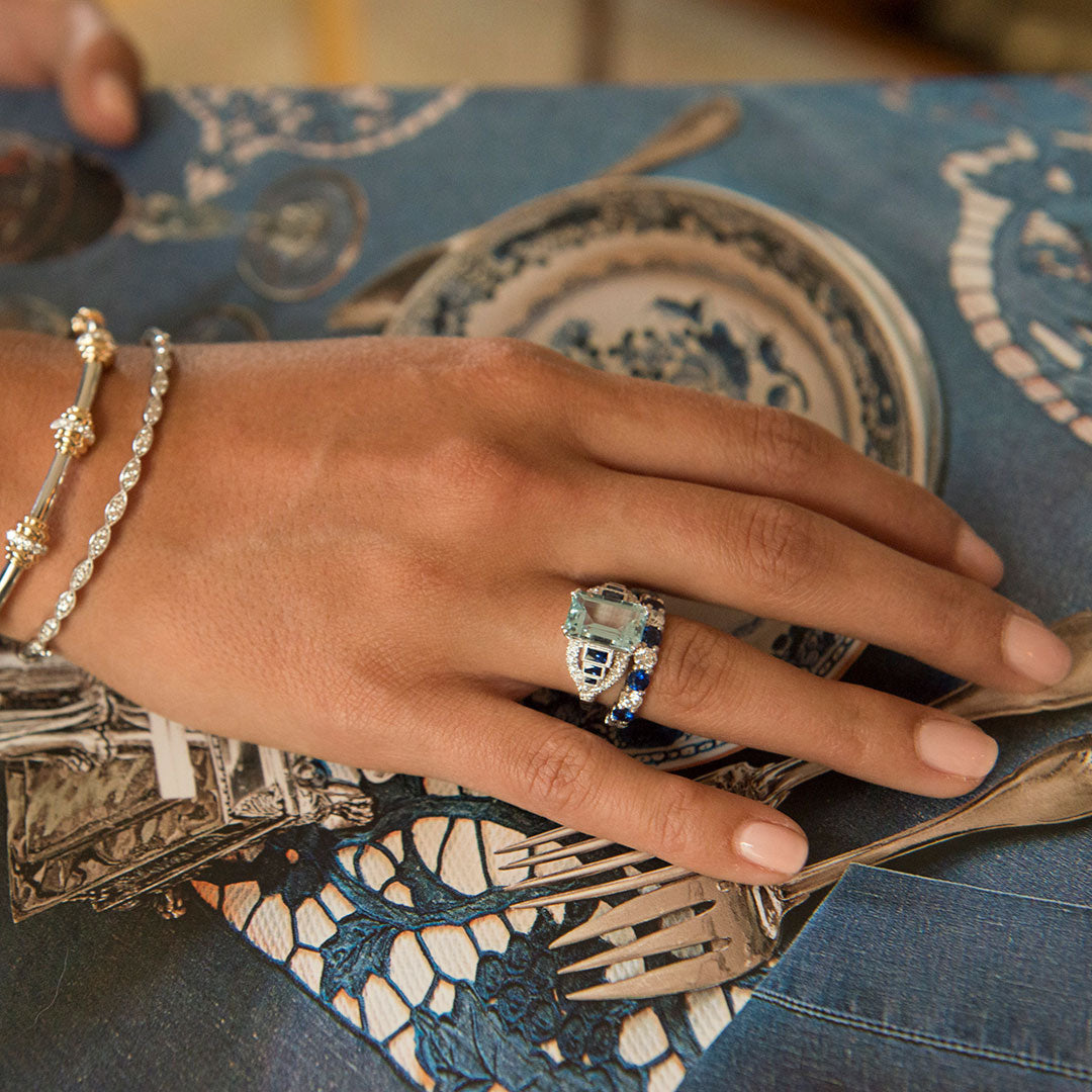 Exquisite 18K White Gold Ring with Aquamarine, Sapphire & Diamonds | Elegant Jewelry for Women | Perfect for Weddings, Anniversaries & Special Occasions