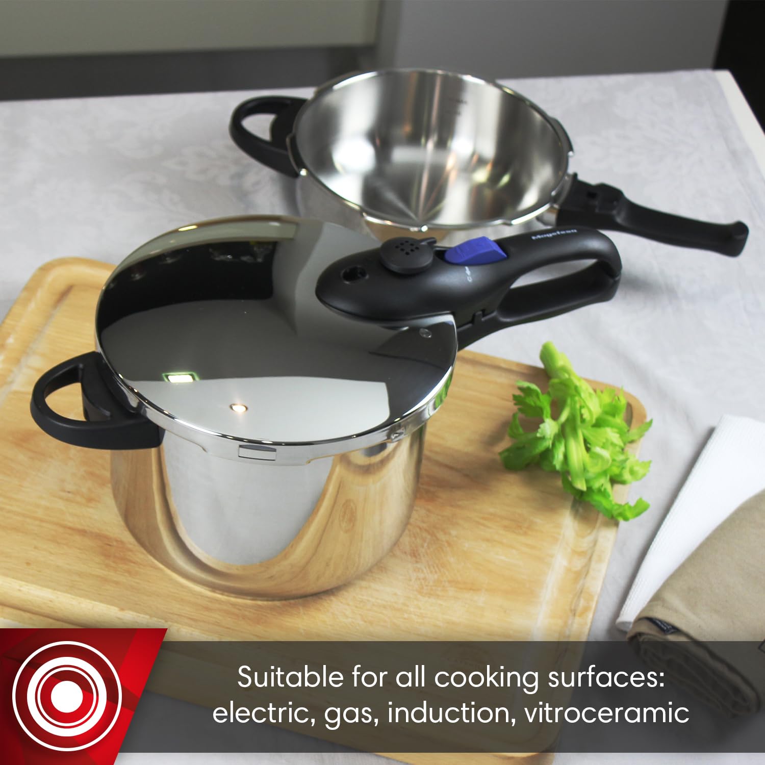 MAGEFESA Favorit 6-in-1 Fast Pressure Cooker Set - 3.2 Qt & 6.3 Qt Stainless Steel Induction Cooker with Heat Diffuser & 5 Safety Systems - Includes Steam Basket, Lid & Recipe Book - Perfect for Quick Meals, Soups & Family Cooking