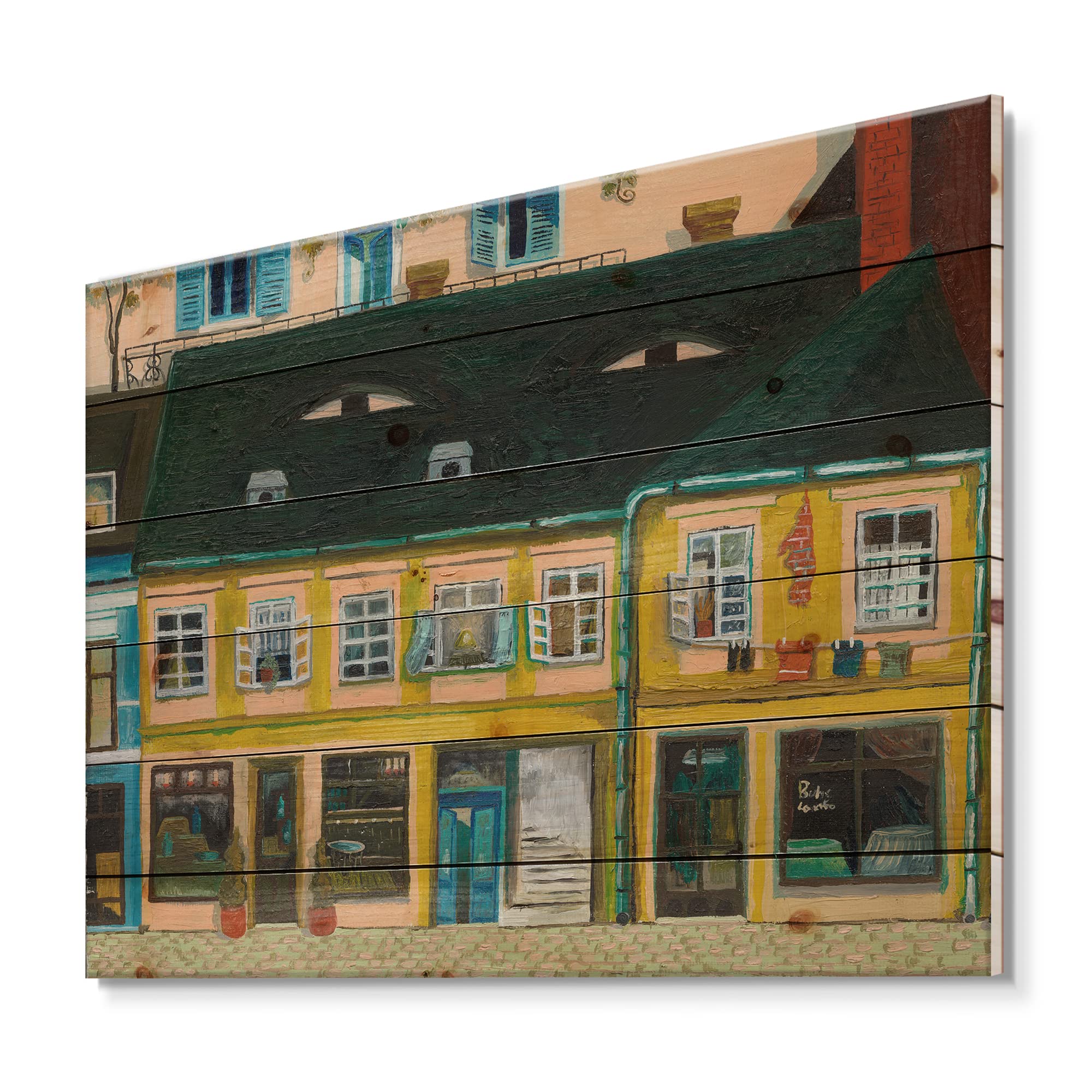 French Country Wood Wall Decor - Yellow Paris Street Facade Art, Large Landscape Wood Panel Printed on Natural Pine - Perfect for Living Room, Bedroom & Office Décor