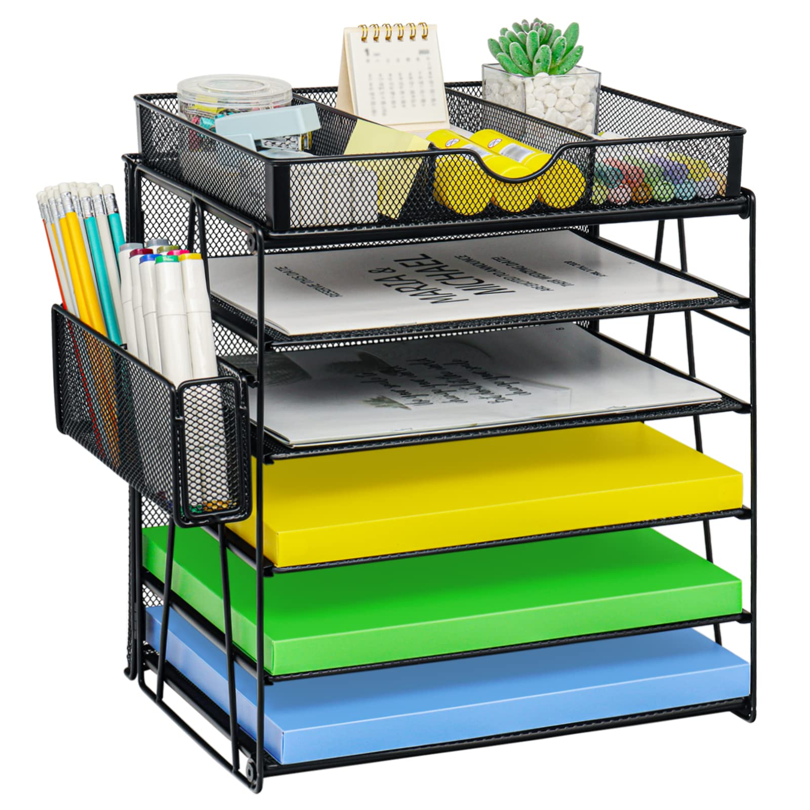 GALASALA 5-Tier Mesh Desk Organizer with Pen Holder & Drawer - Black Office Paper Letter Tray for File Organization | Perfect for Home, School & Workplace Desks