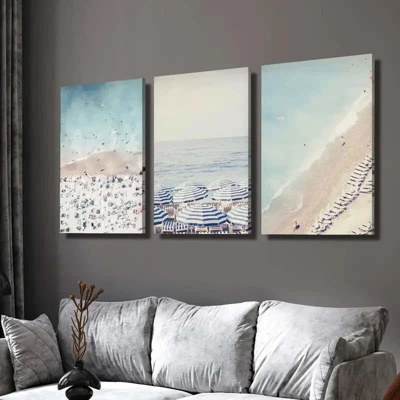 3-Piece Blue and White Beach Umbrella Wall Art Set - 40x60cm Framed Canvas Prints - High Quality Australian Made Ready-to-Hang Decor for Living Room, Bedroom or Beach House
