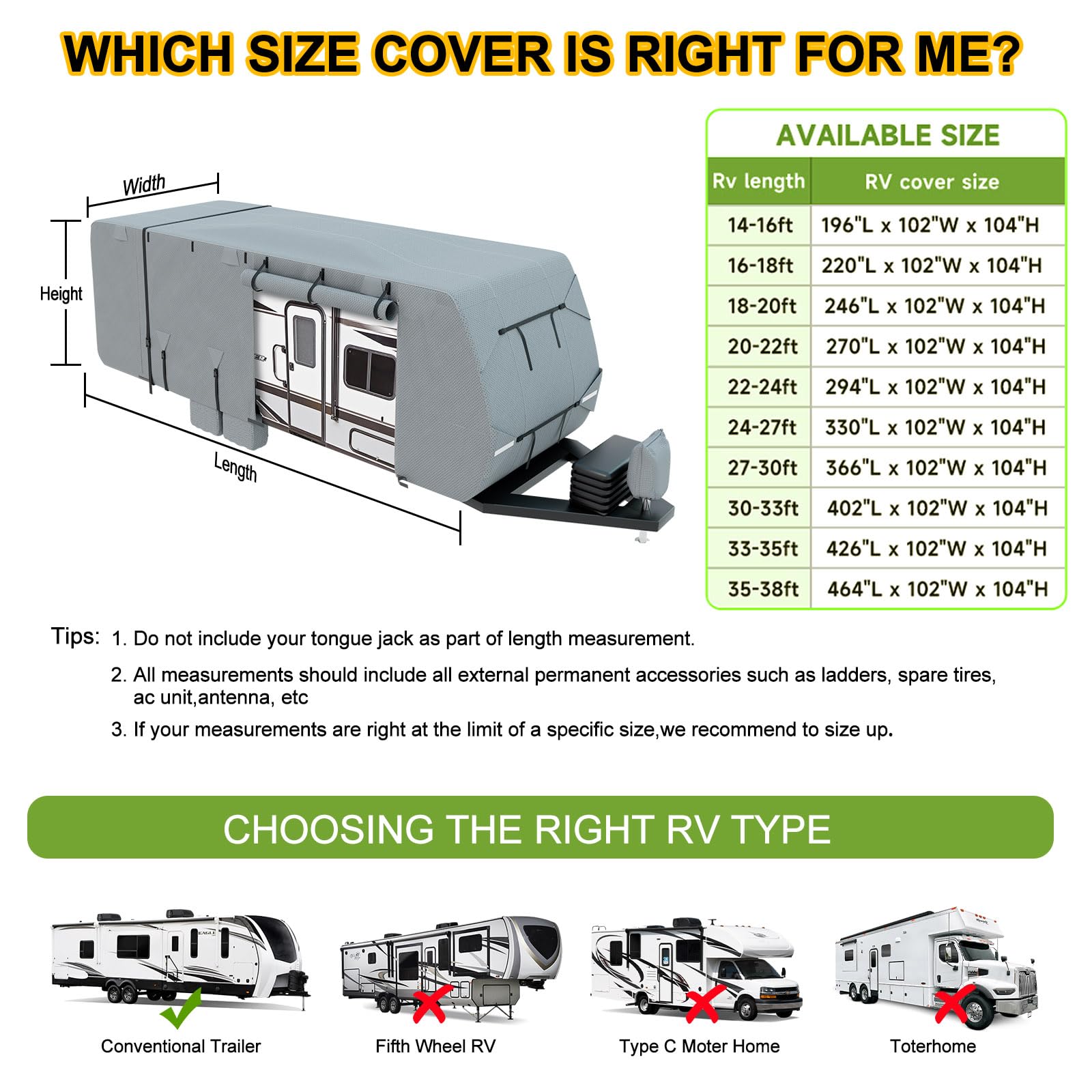 Heavy Duty RV Cover 20-22ft - 8-Layer Waterproof Windproof Camper Cover with Tongue Jack Cover & Extra Windproof Ropes | UV Protection for Travel Trailers | Perfect for Winter Storage & Outdoor Protection