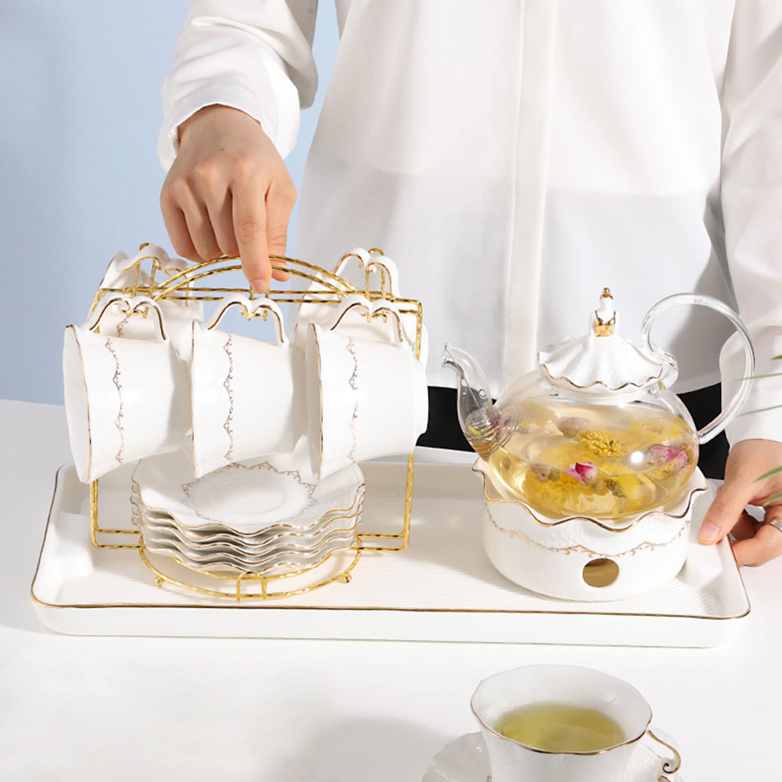 HLONGG 15-Piece White Porcelain Coffee & Tea Set - 6 Cups with Saucers, Teapot, Sugar Bowl, Creamer Pitcher & Teaspoons - Elegant Gift for Home, Office or Restaurant Use