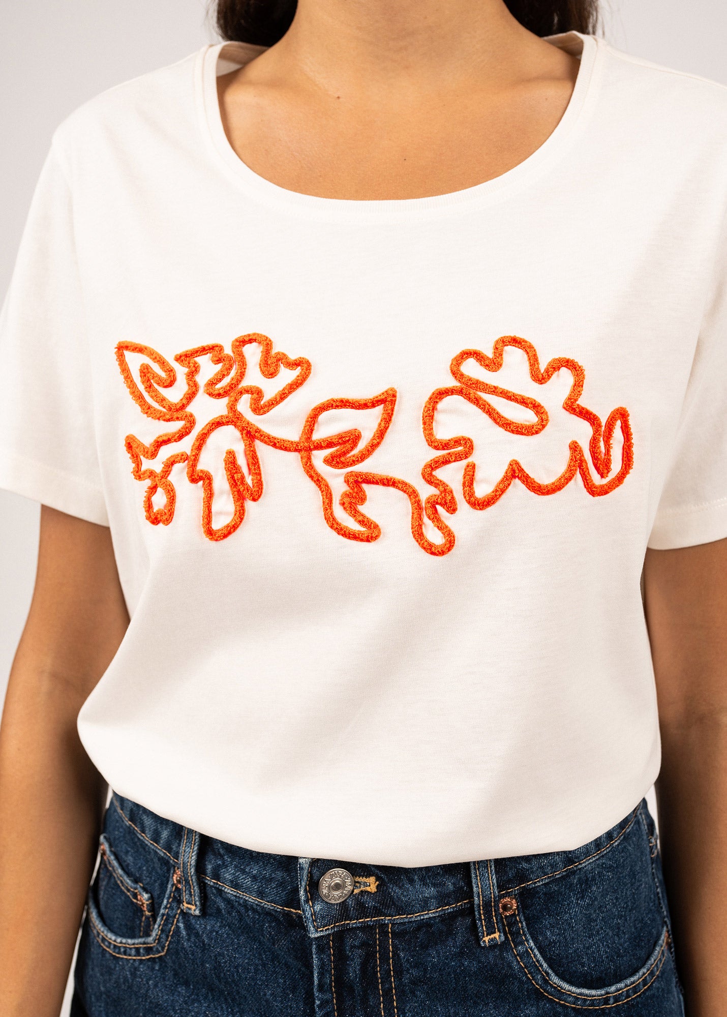 SANDY Women's Tee with Embossed Flower Embroidery | 100% Cotton T-Shirt | Soft & Breathable | Ivory & Neon Orange | Casual Wear, Summer Outfits, Street Style Fashion